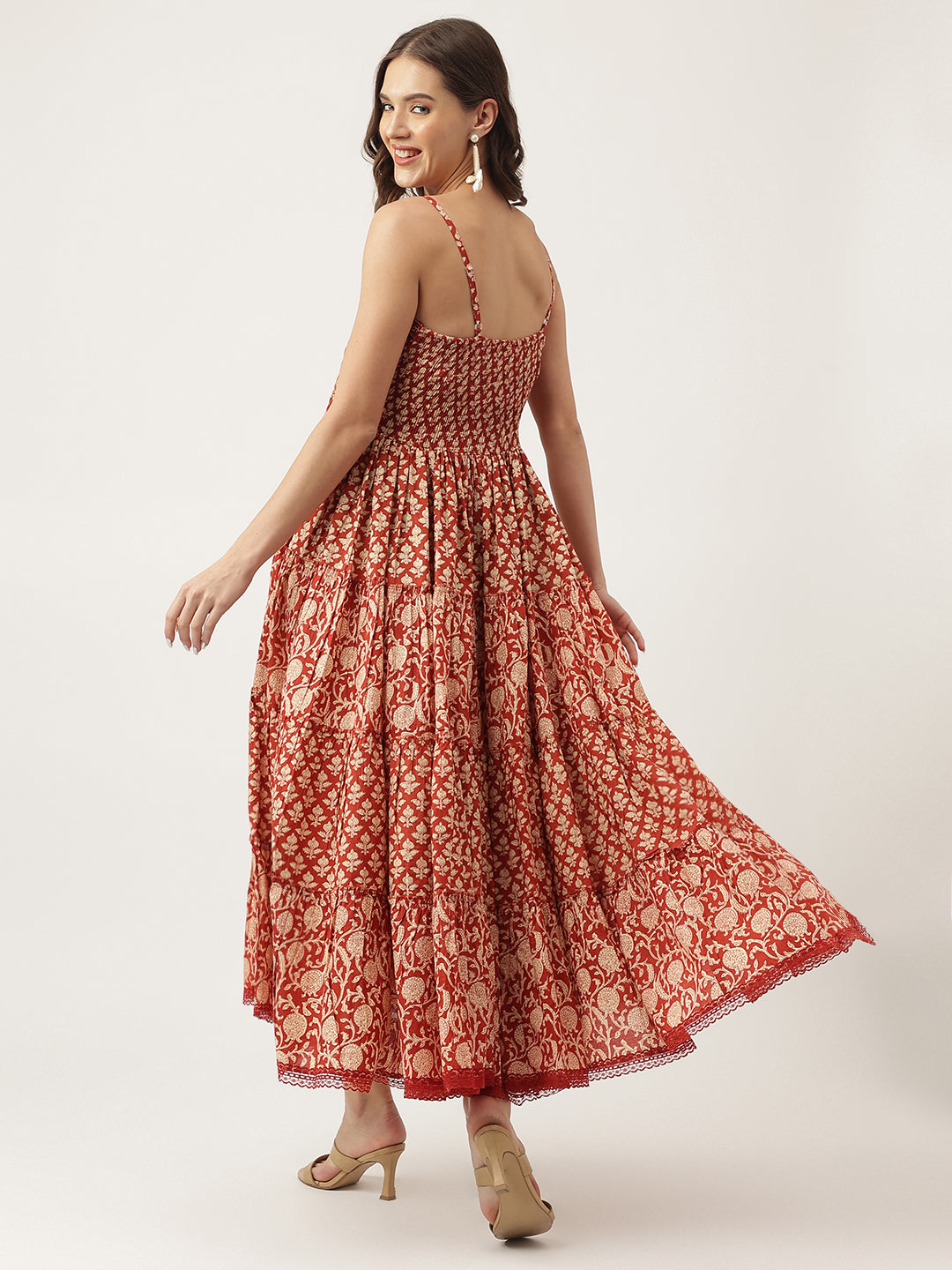Women's Maroon Floral printed Cotton Tiered Dress