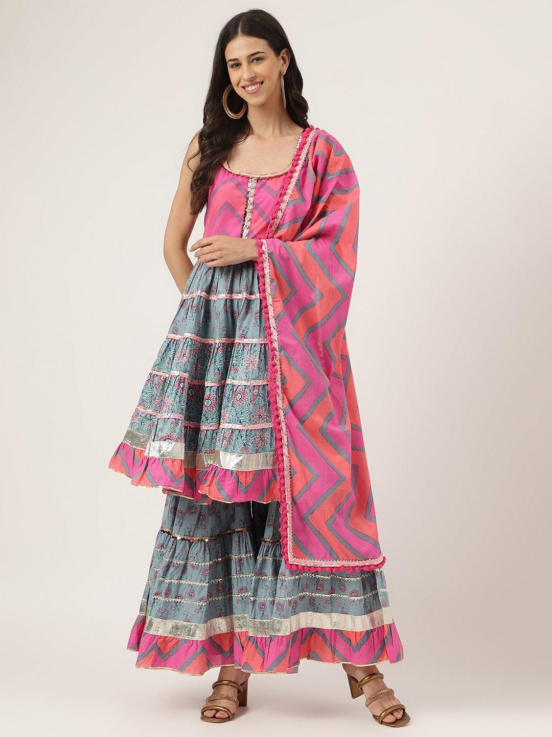 Women's Turquoise Blue Cotton Sleeves less Anarkali Sharara set with Dupatta