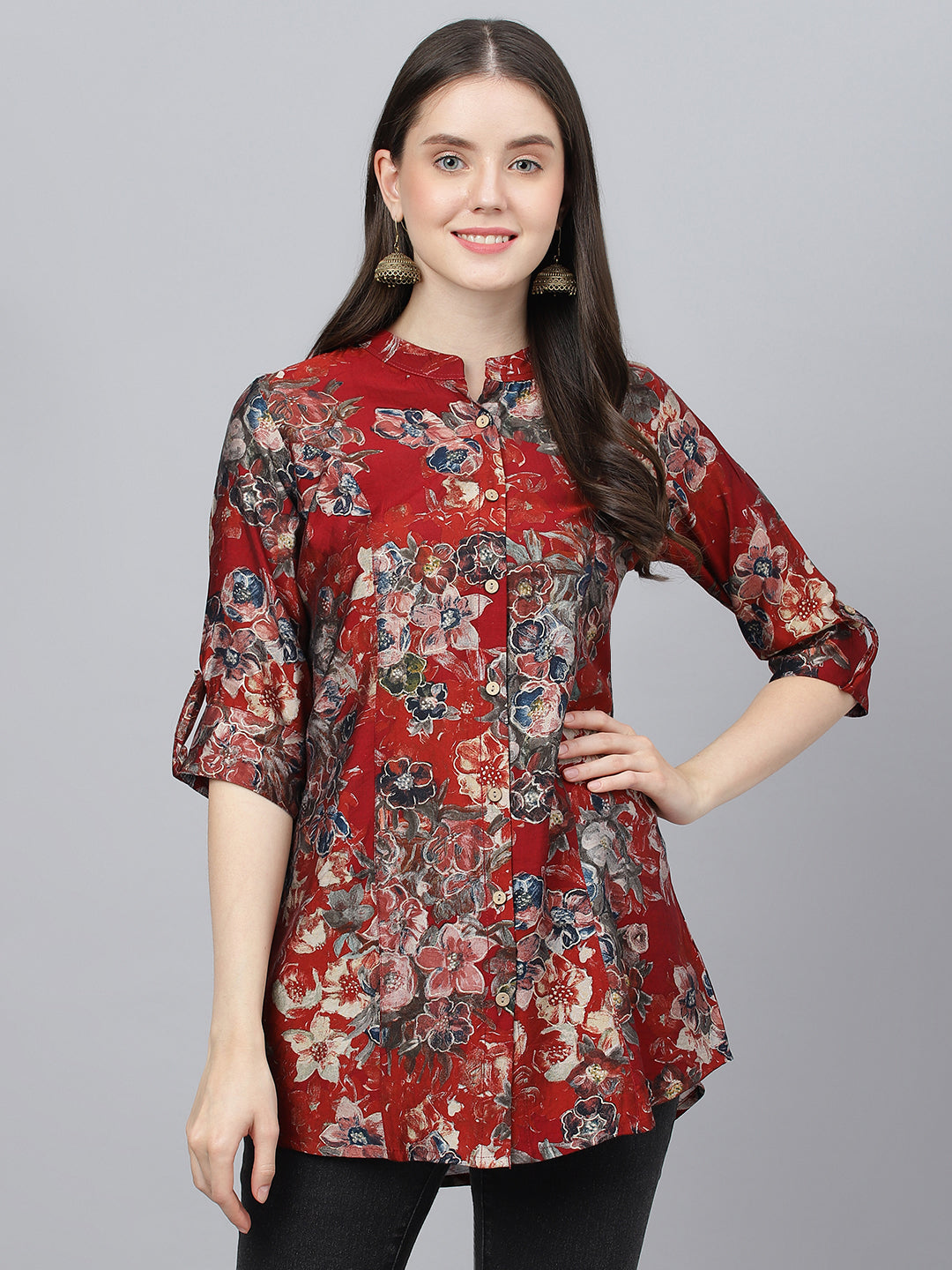 Women's Maroon Floral Printed Modal A-Line Shirts Style Top