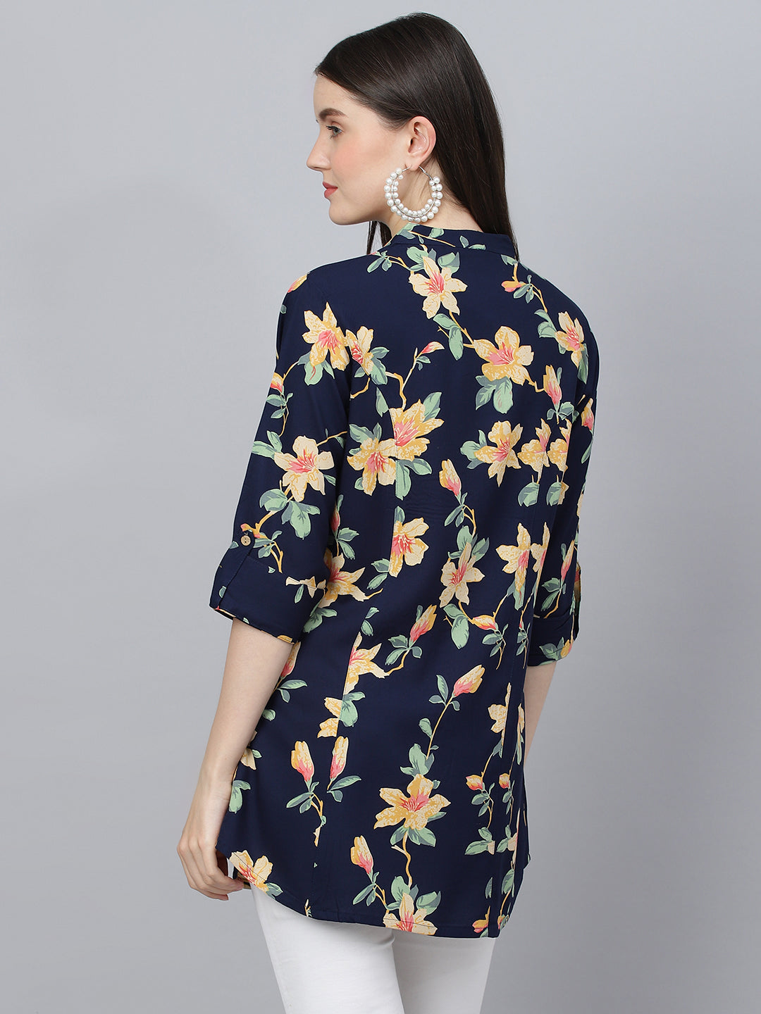 Women's Navy Blue Floral printed Rayon A-line Shirts Style Top