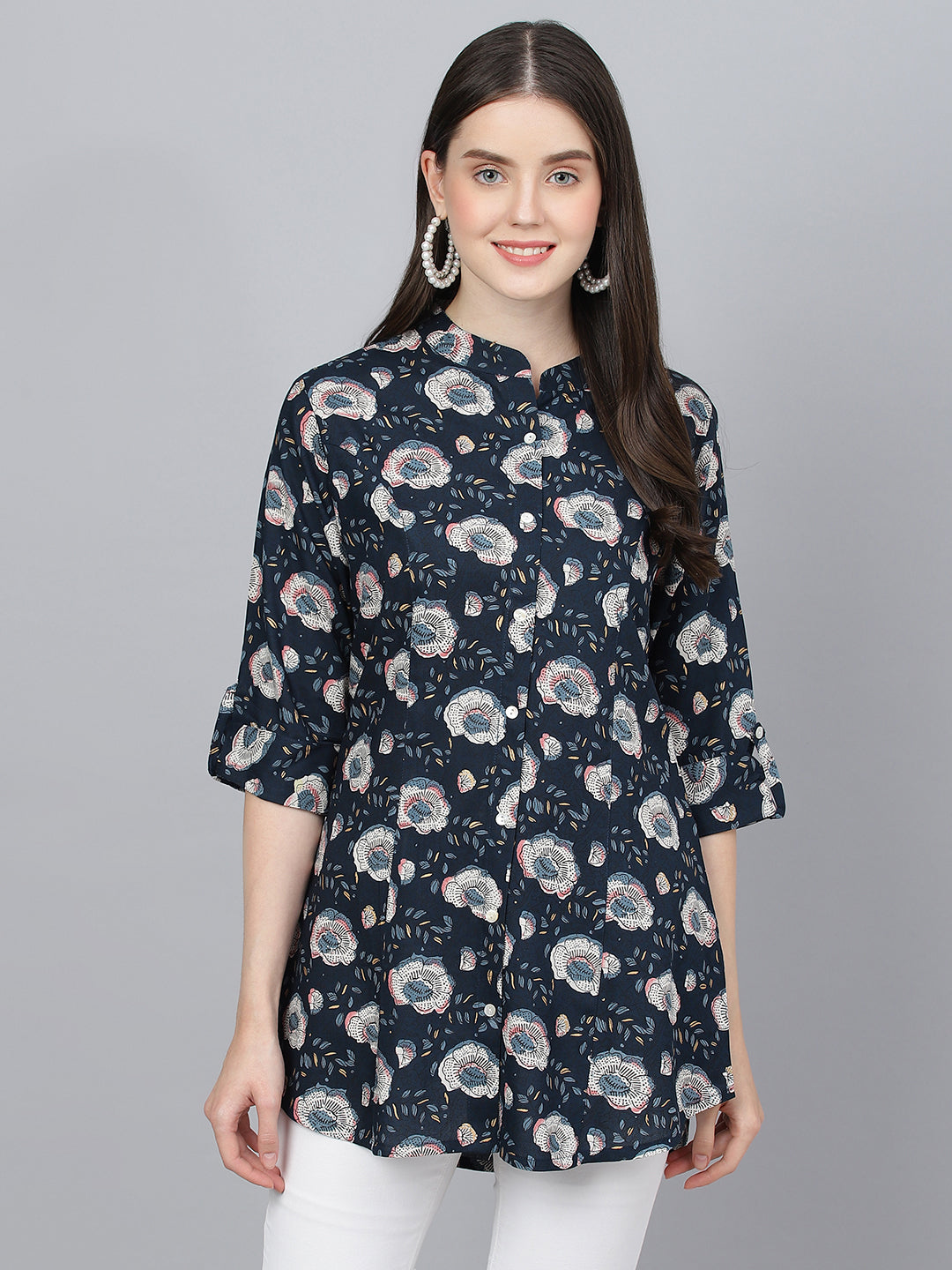 Women's Blue Floral printed Rayon A-line Shirts Style Top