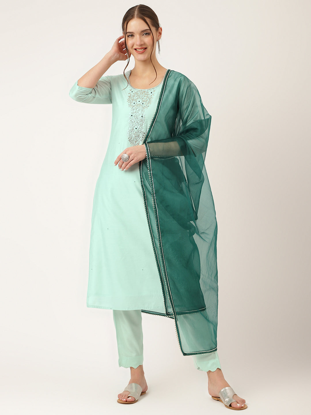 Women's Sea Green Embroidered Chanderi Kurta, Trouser With Dupatta