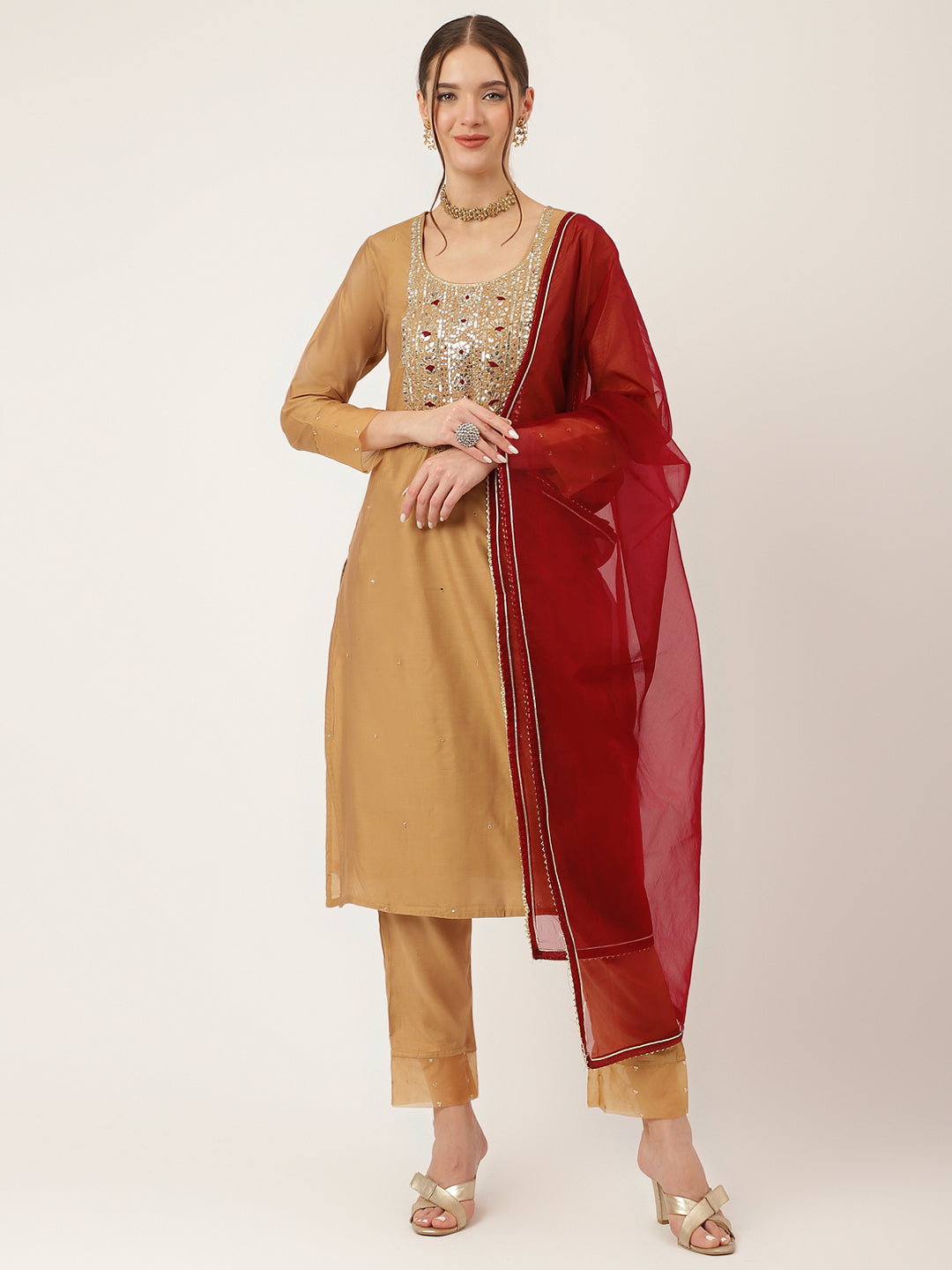 Women's Brown Embroidered Chanderi Kurta, Trouser With Dupatta