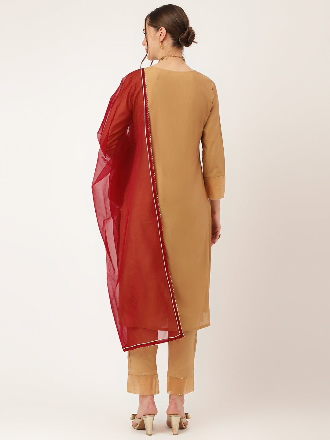 Women's Brown Embroidered Chanderi Kurta, Trouser With Dupatta
