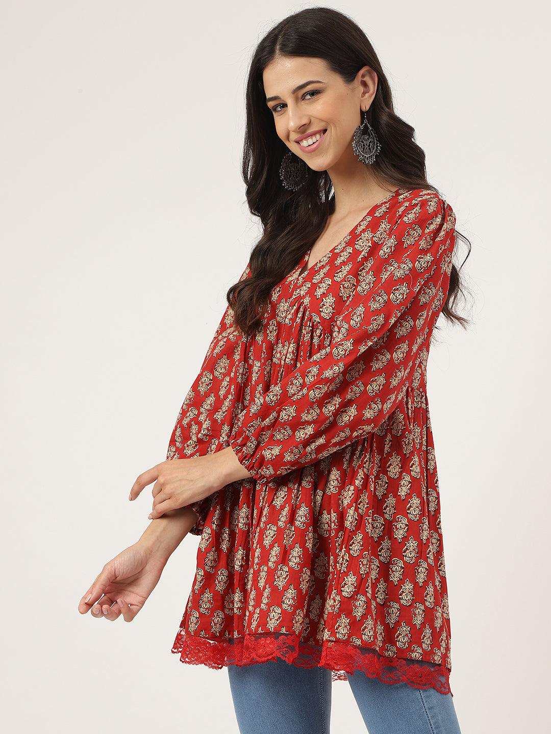 Women's Red Floral Cotton Peplum Style Top