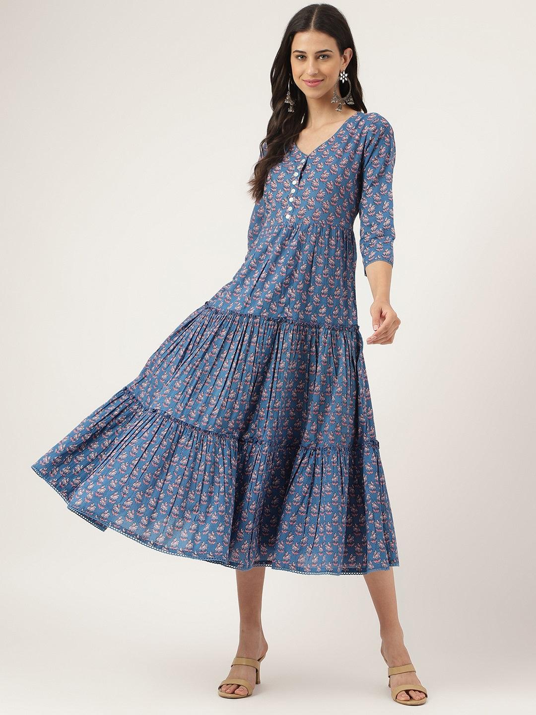 Women's Blue Floral Printed Long dress