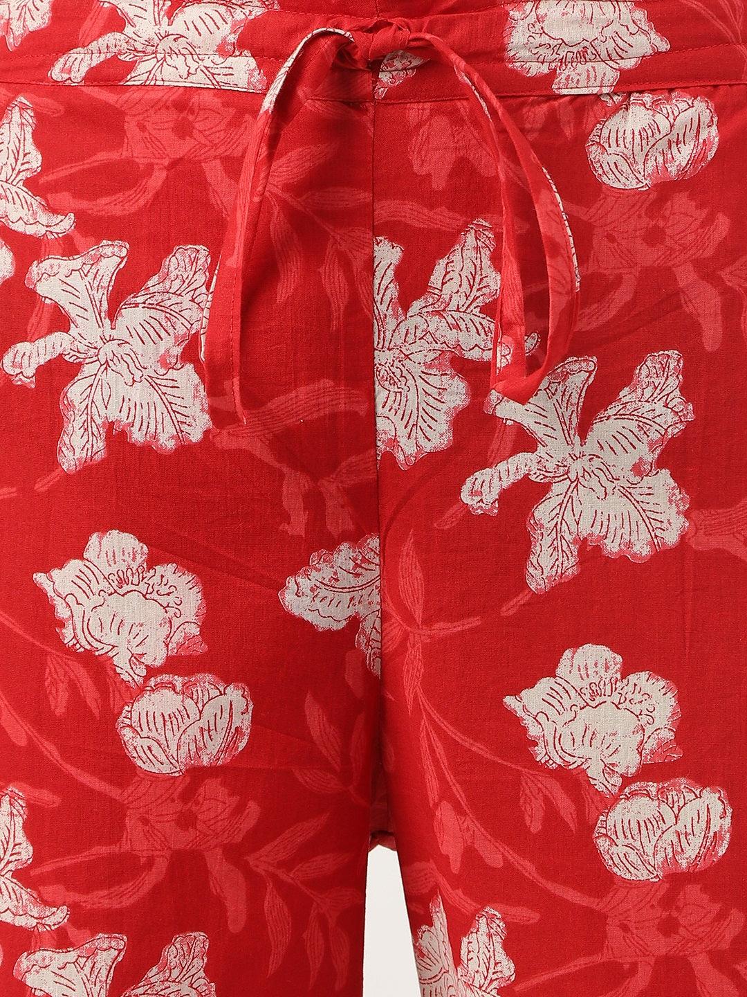 Women's Red Cotton Peplum Top Pant Co-ords Sets