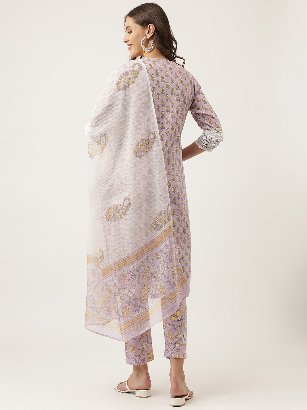 Women's Lavender Printed Cotton Kurta, trouser with Dupatta Set