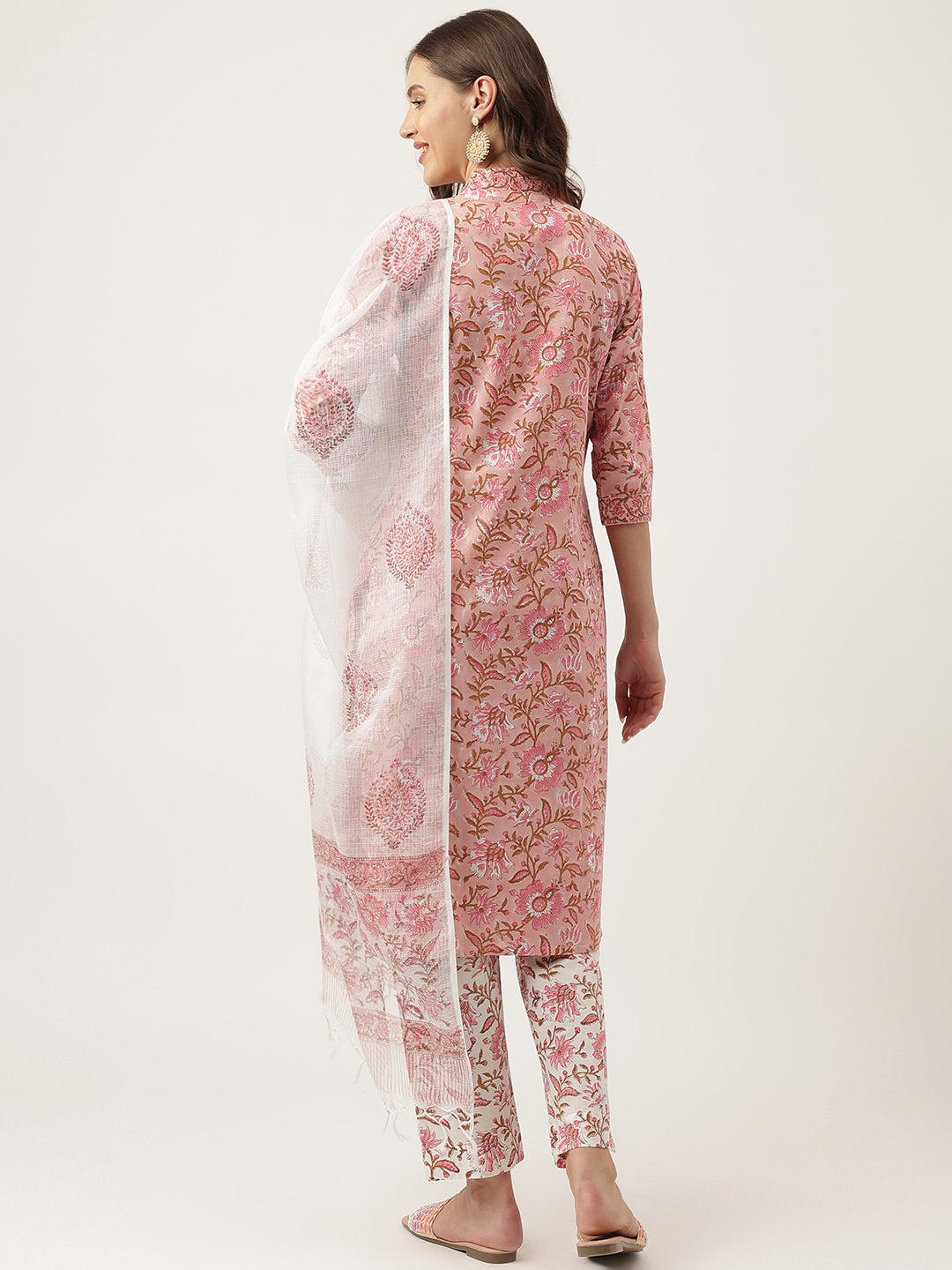 Women's Pink Floral Printed Cotton Kurta, trouser with Dupatta Set