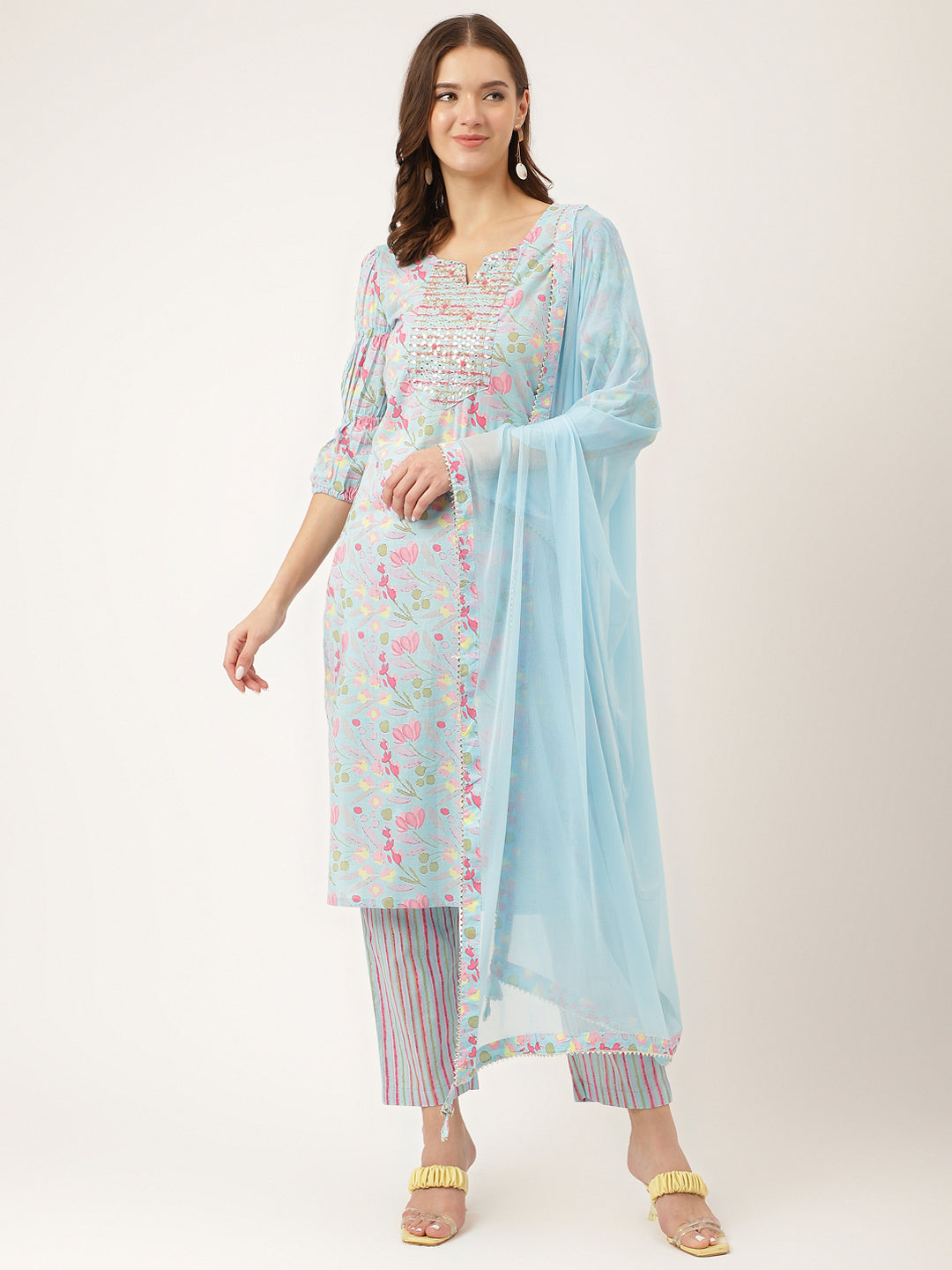 Women's Blue Floral Print Cotton Kurta, Trouser With Dupatta
