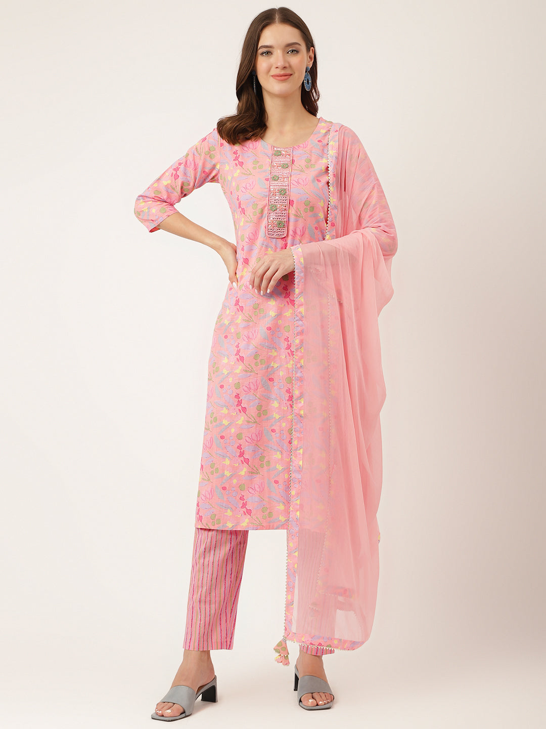 Women's Pink Floral Print Cotton Kurta, Trouser With Dupatta