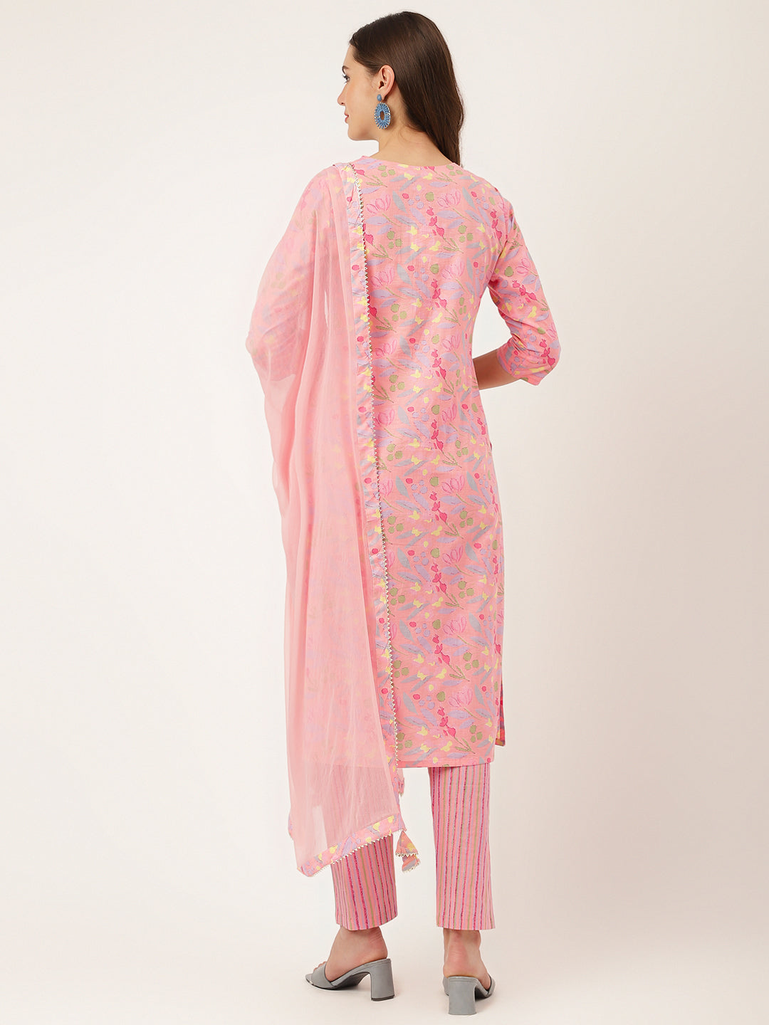 Women's Pink Floral Print Cotton Kurta, Trouser With Dupatta