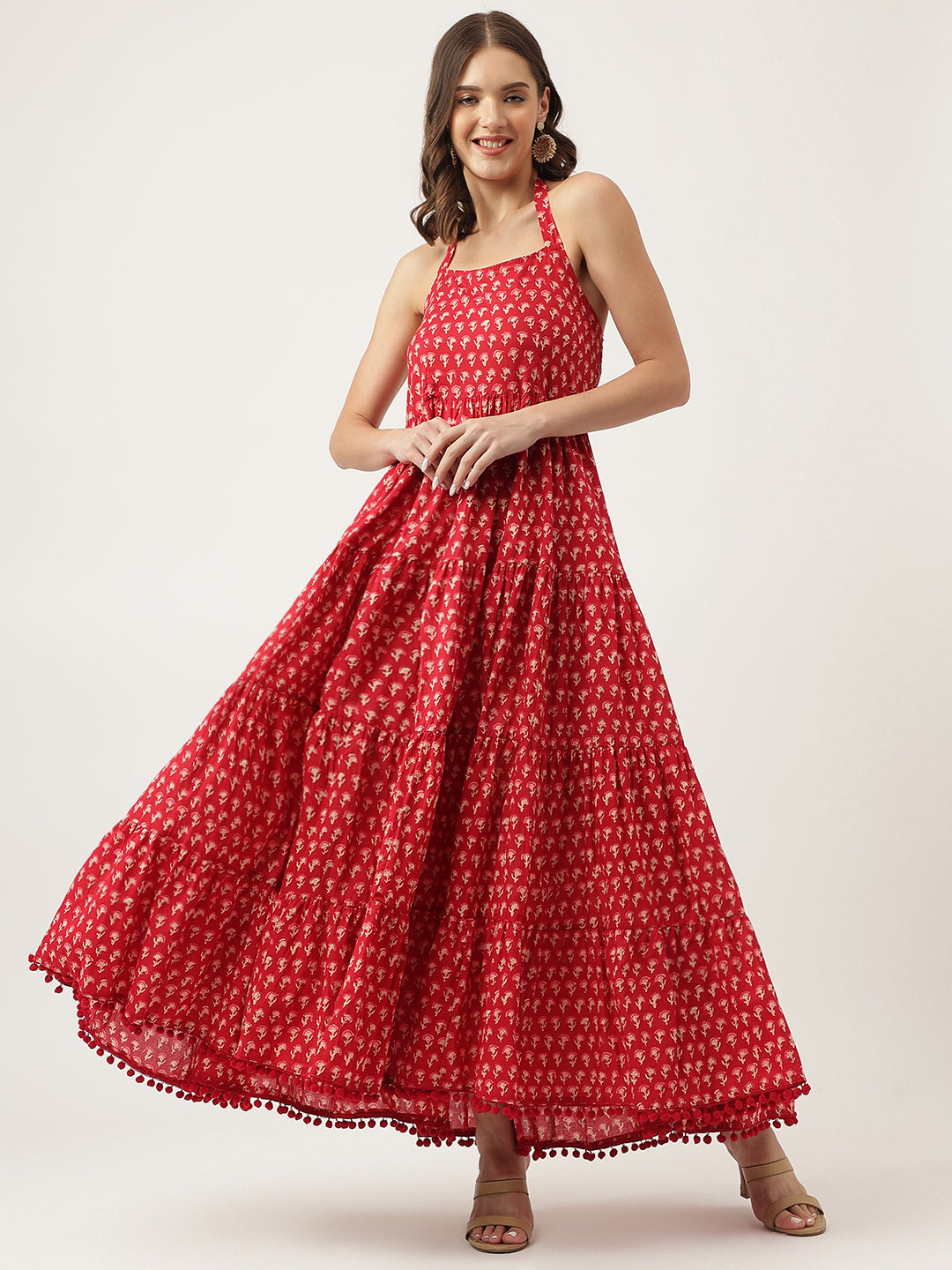 Women's Floral Printed Cotton Ethnic Tired Dress
