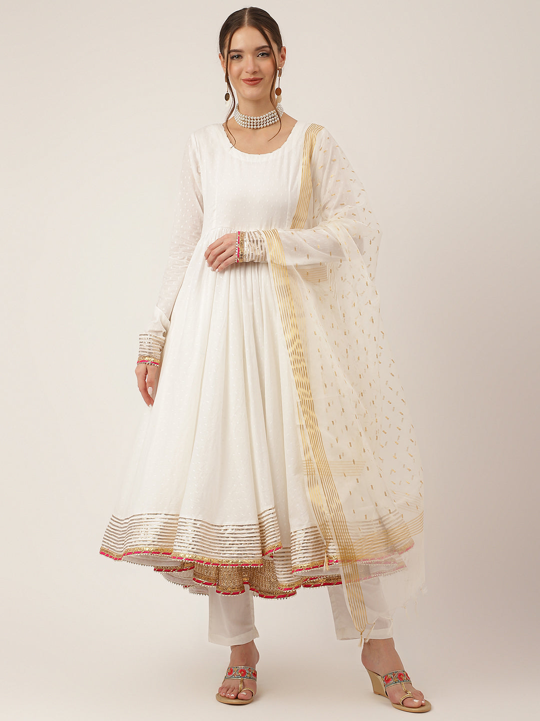 Women's Off White Shree Ram Buta Print Cotton Layered Anarkali Kurta, Trouser With Dupatta