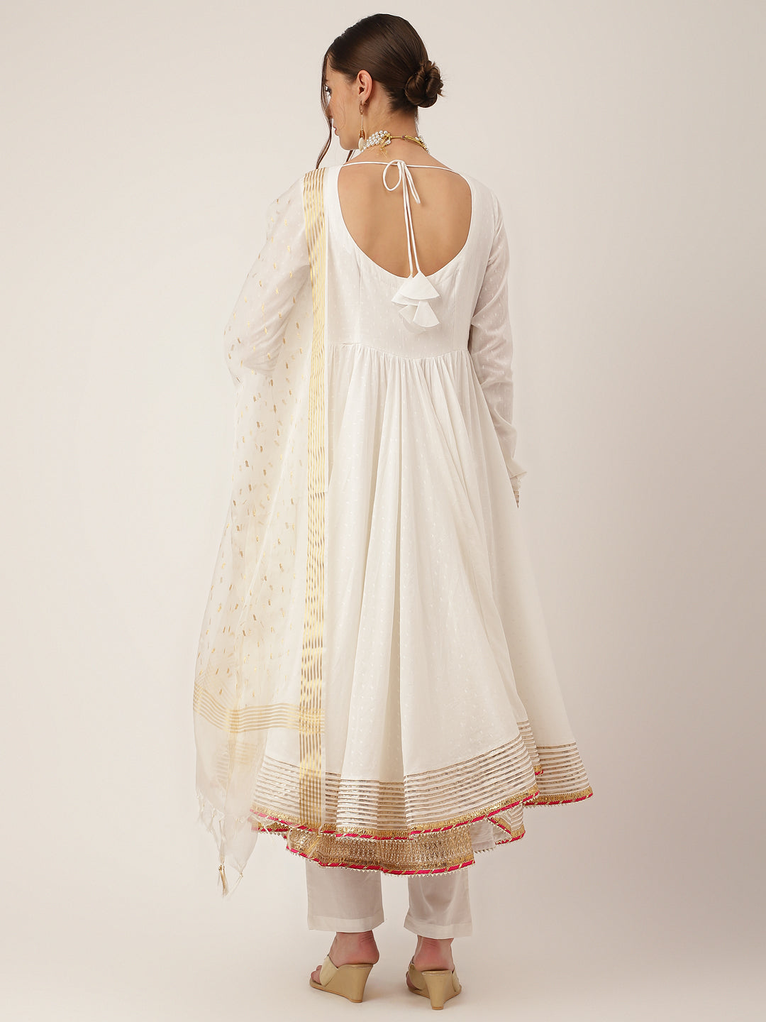 Women's Off White Shree Ram Buta Print Cotton Layered Anarkali Kurta, Trouser With Dupatta