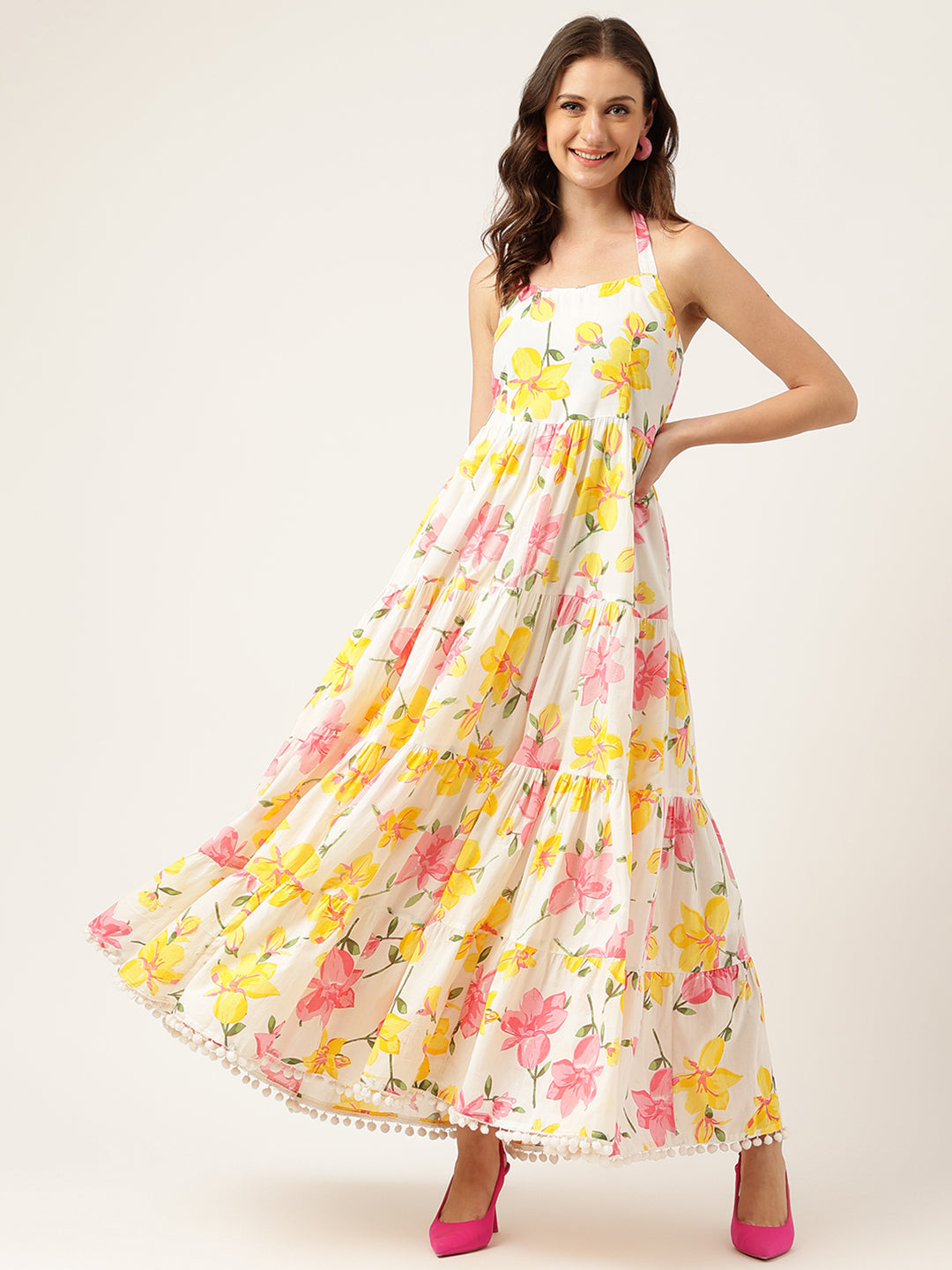 Women's Floral Printed Halter Neck Cotton Casual Maxi Dress