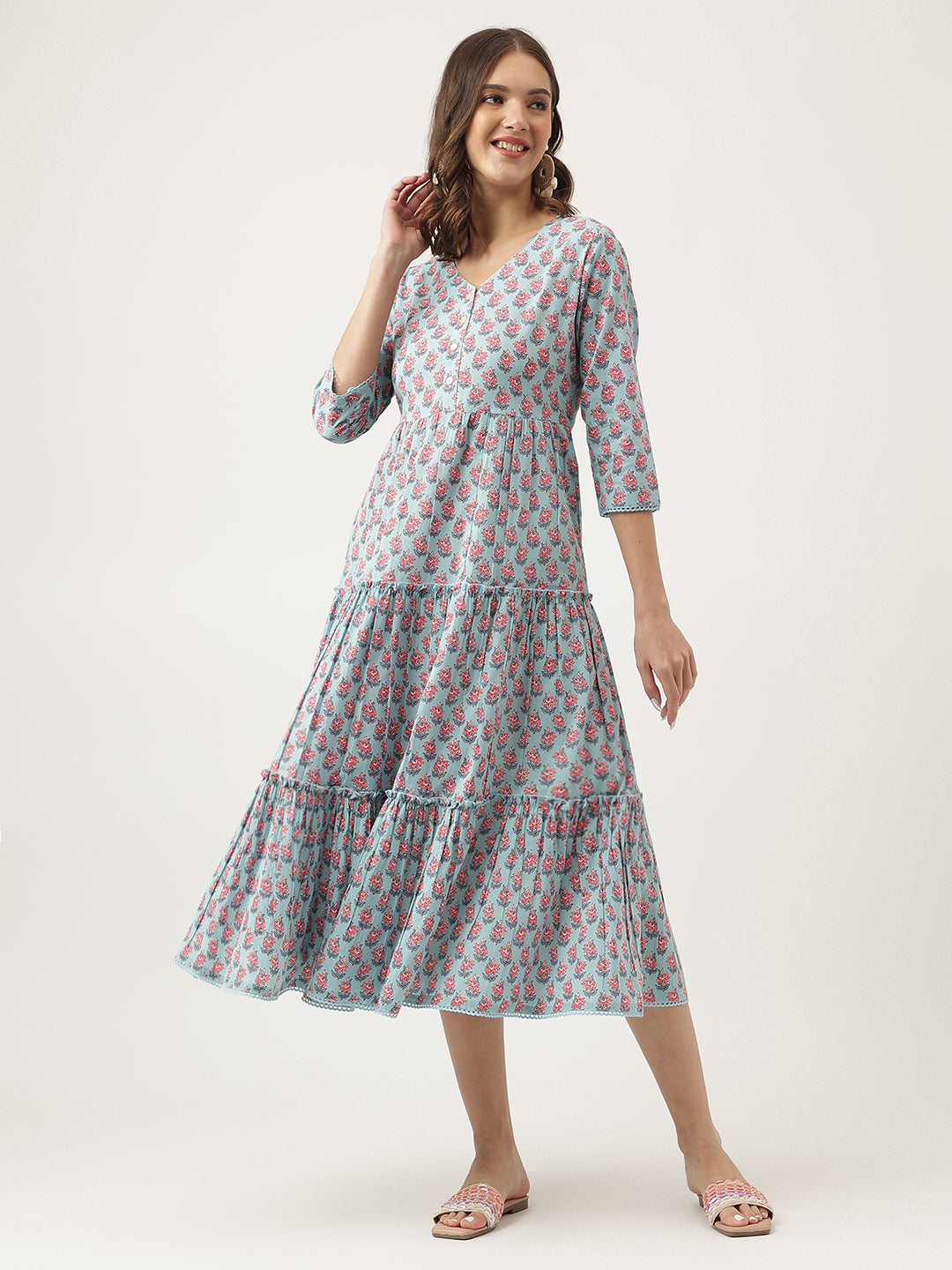 Women's Sky Blue Floral printed Cotton Tired Dress