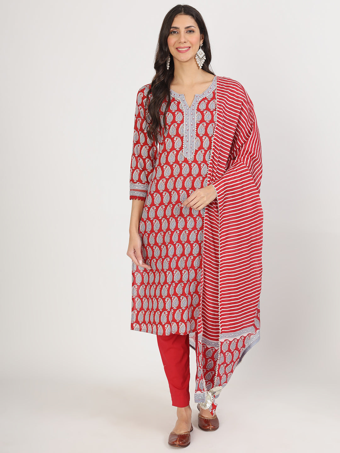 Women's Maroon Floral Print Cotton Kurta pants with Dupatta set for women