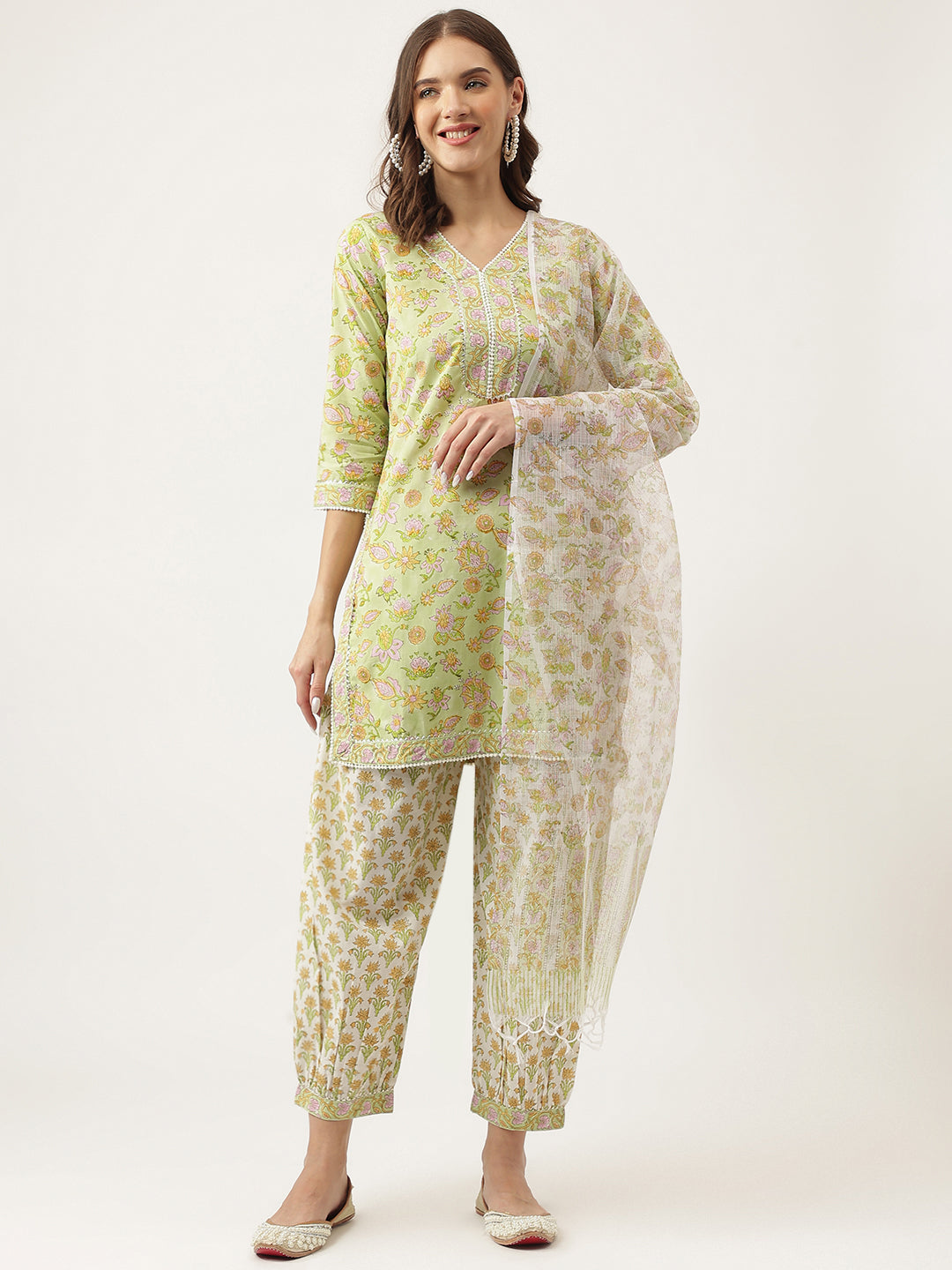 Women's Green Floral Printed Cotton Straight Kurta, trousers with Dupatta Set