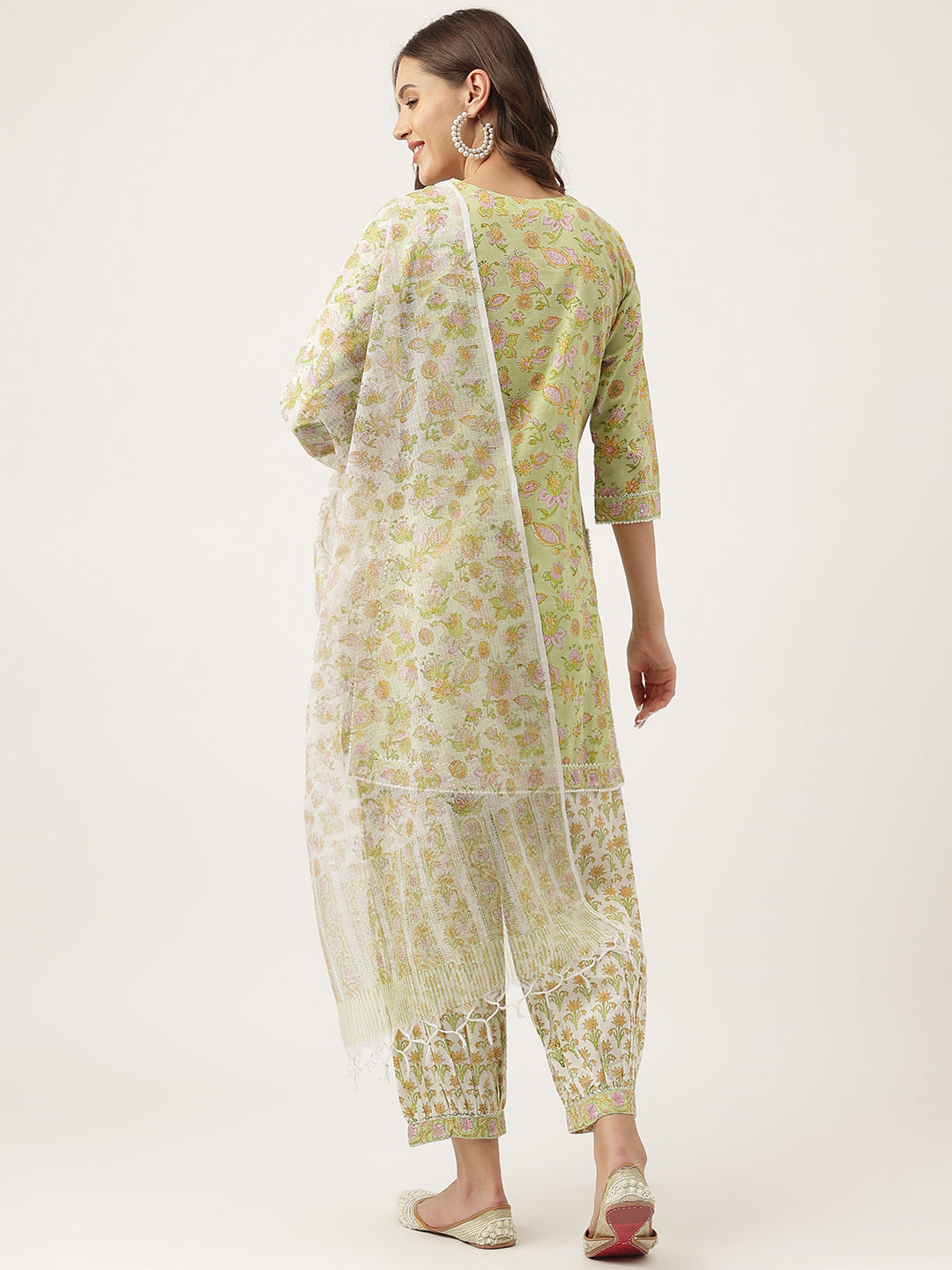 Women's Green Floral Printed Cotton Straight Kurta, trousers with Dupatta Set