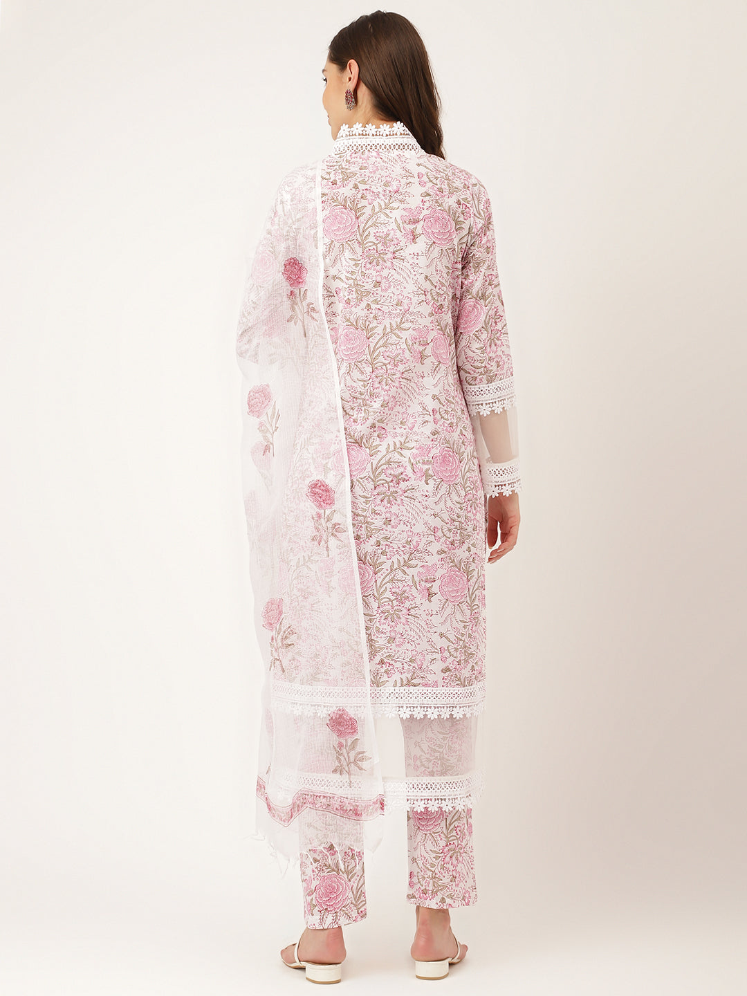 Women's White Hand Block Floral Print Cotton Kurta, Trouser With Dupatta
