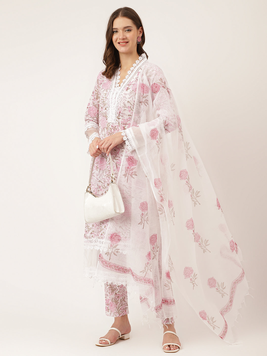 Women's White Hand Block Floral Print Cotton Kurta, Trouser With Dupatta