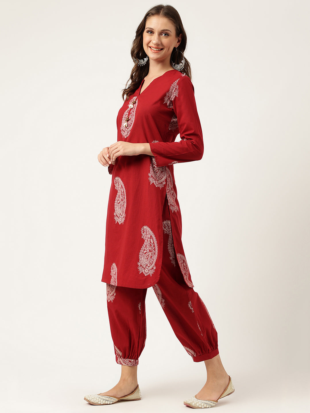 Women's Maroon Paisley Print Cotton Co-ord Set