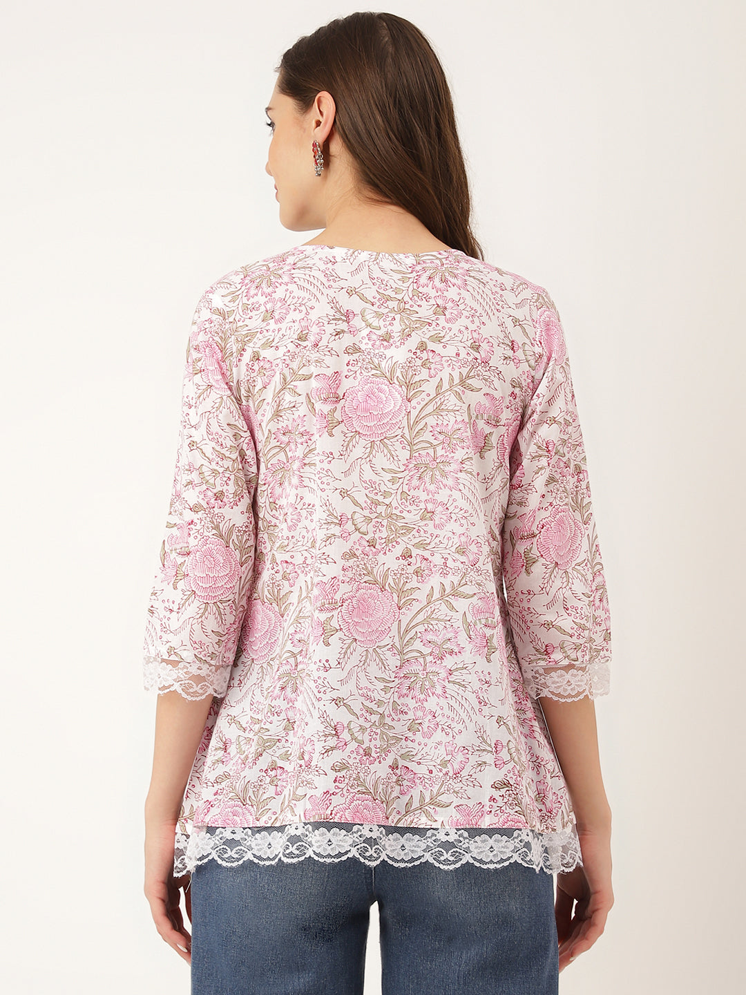 Women's Pink Floral Print Cotton Peplum Top with Pintuck Detailing