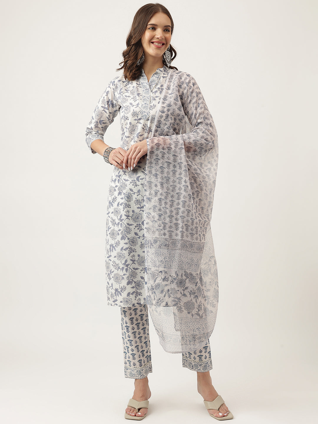 Women's Sky Blue Floral Printed Cotton Straight Kurta, trousers with Dupatta Set