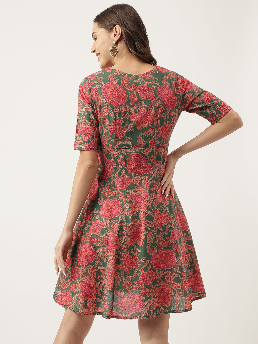 Women's Grey Pink Floral Printed Cotton Fit & Flare Dress