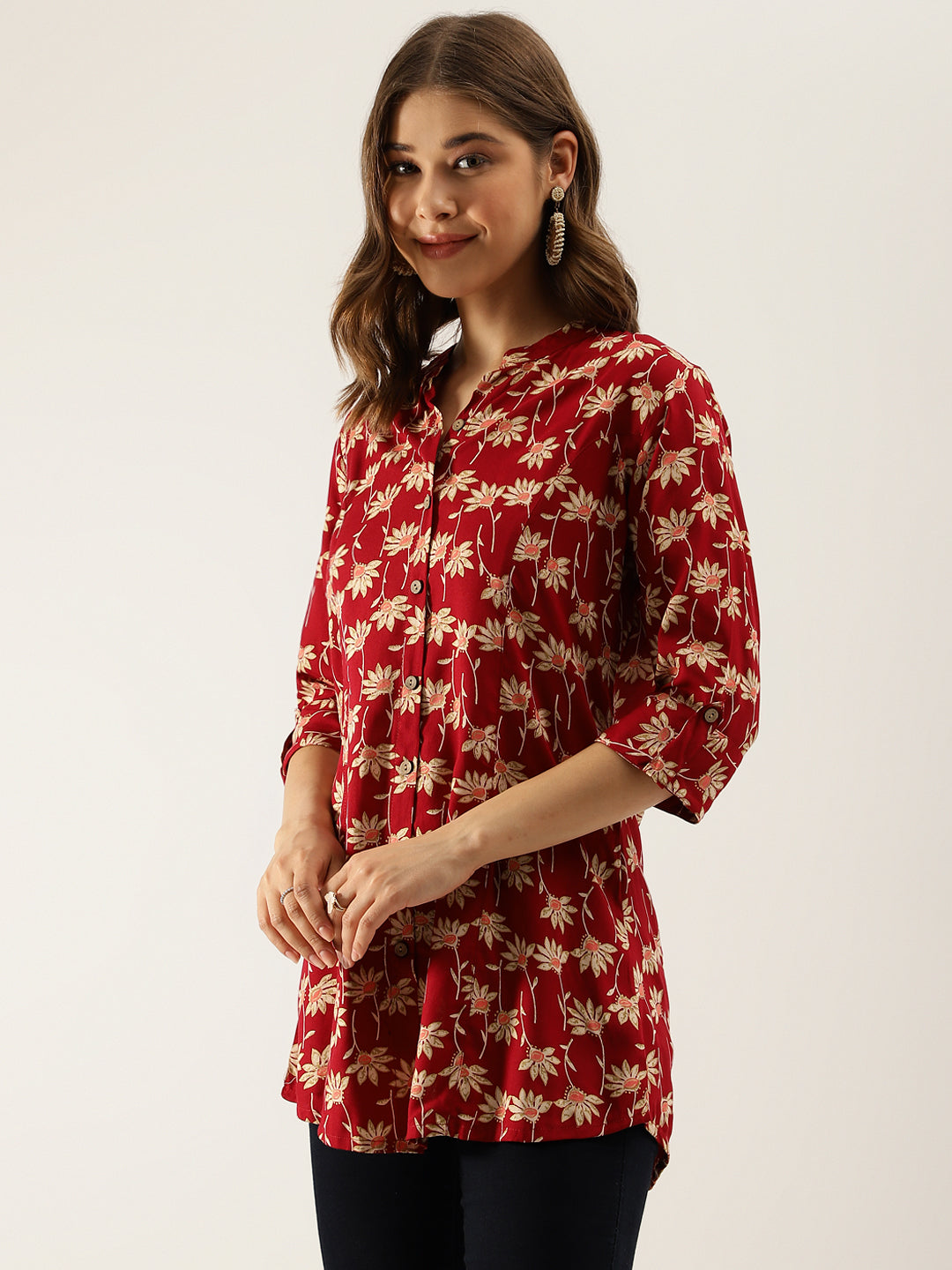 Women's Maroon Floral Printed Rayon Shirt type Top for Women