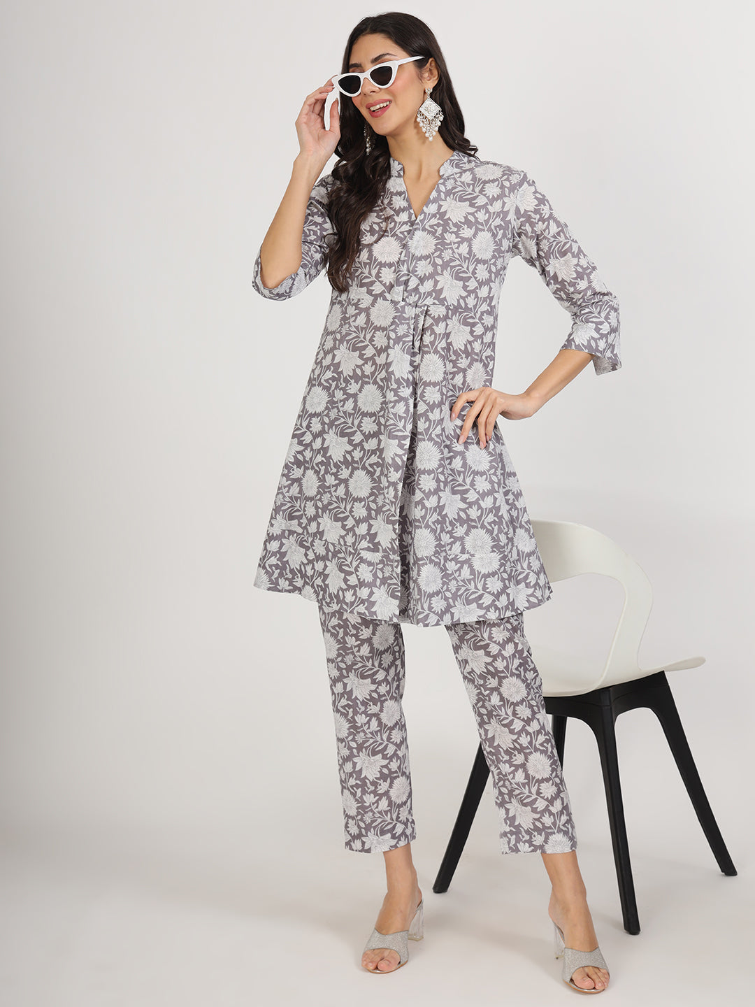 Women's Grey Floral Printed Cotton Co ord Set