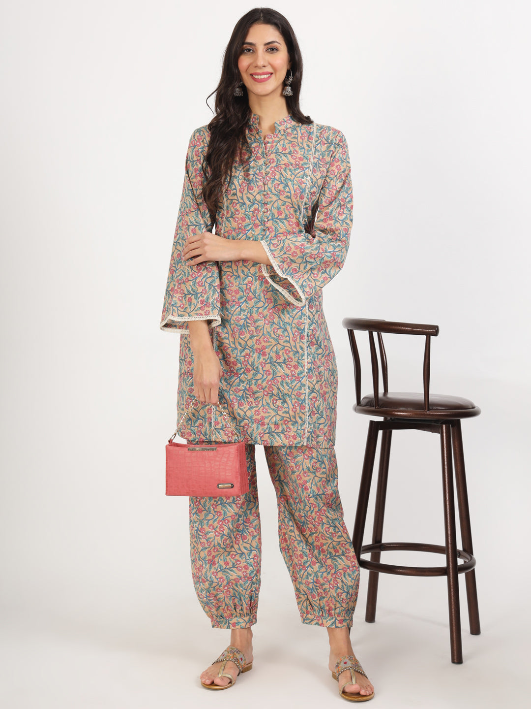 Women's Beige Floral Printed Cotton Co-ord Set