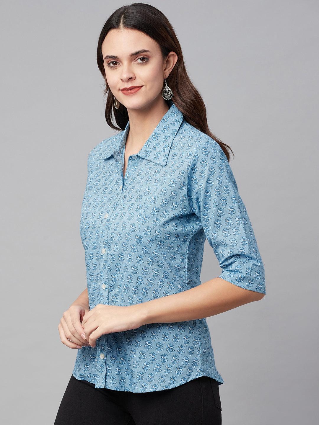 Women's Sky Blue Block Printed Casual Shirts
