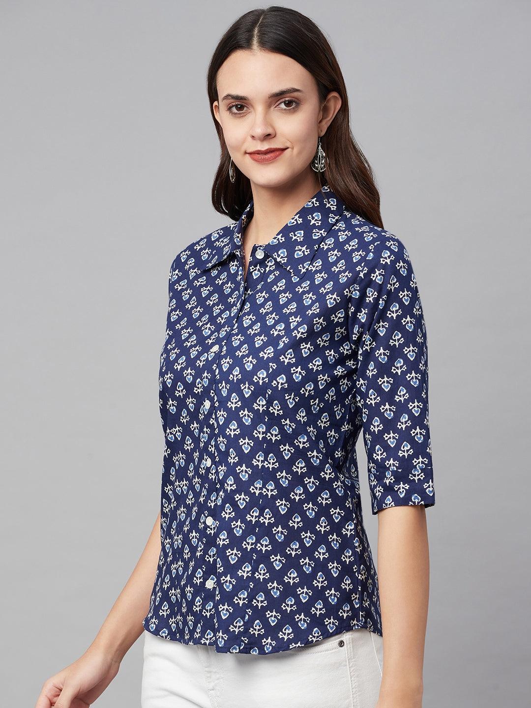 Women's indigo Block Printed Casual Shirts