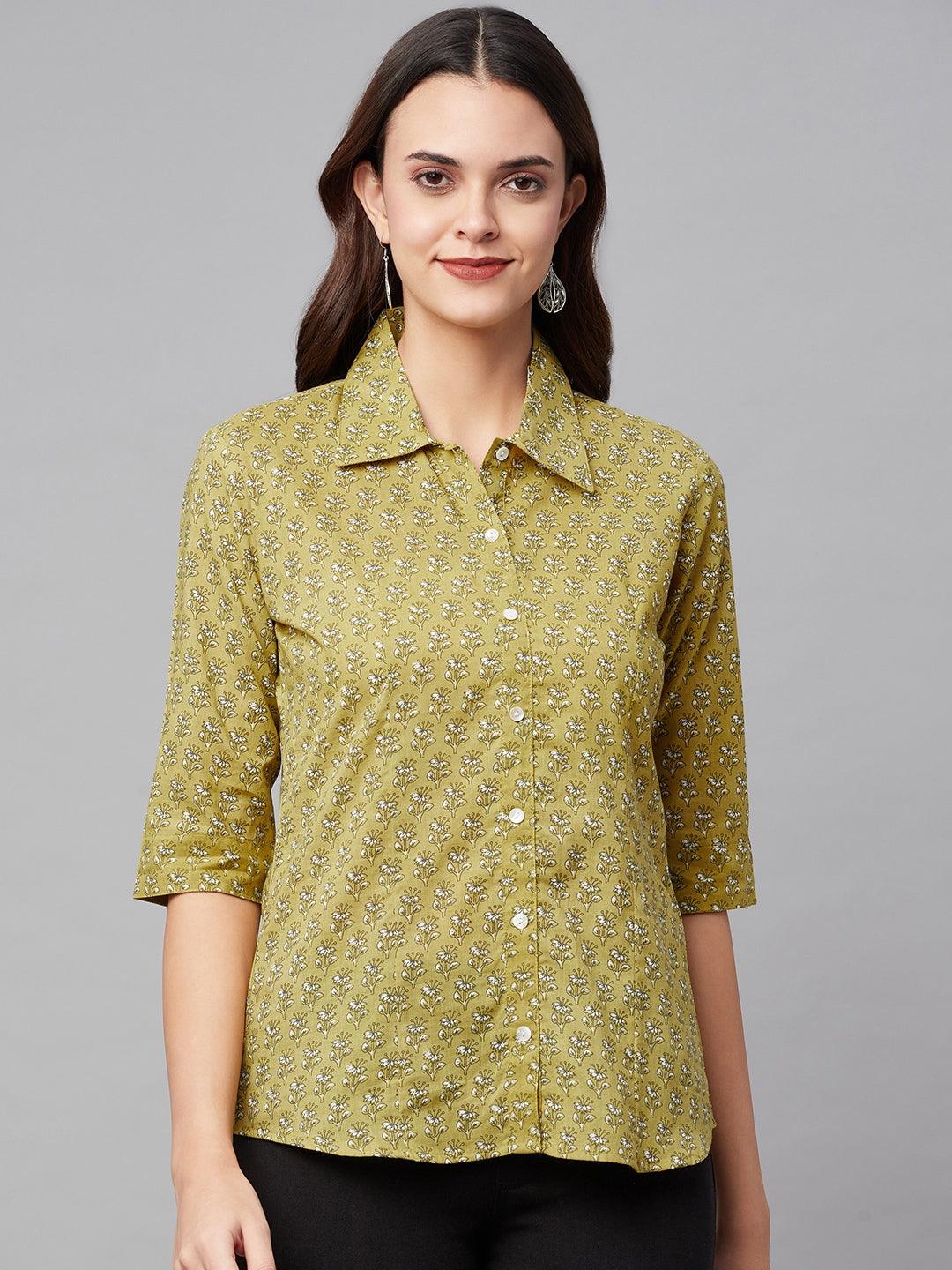 Women's Mehndi Green Block Printed Casual Shirts