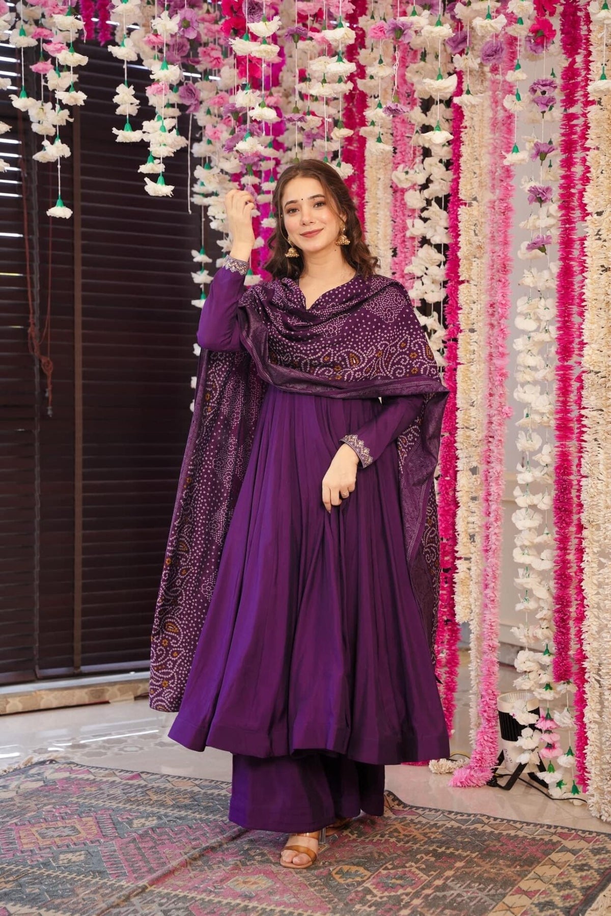 Women's Wine Silk(Pv Chanderi) Embroidery Worked V Shape Kurta Set