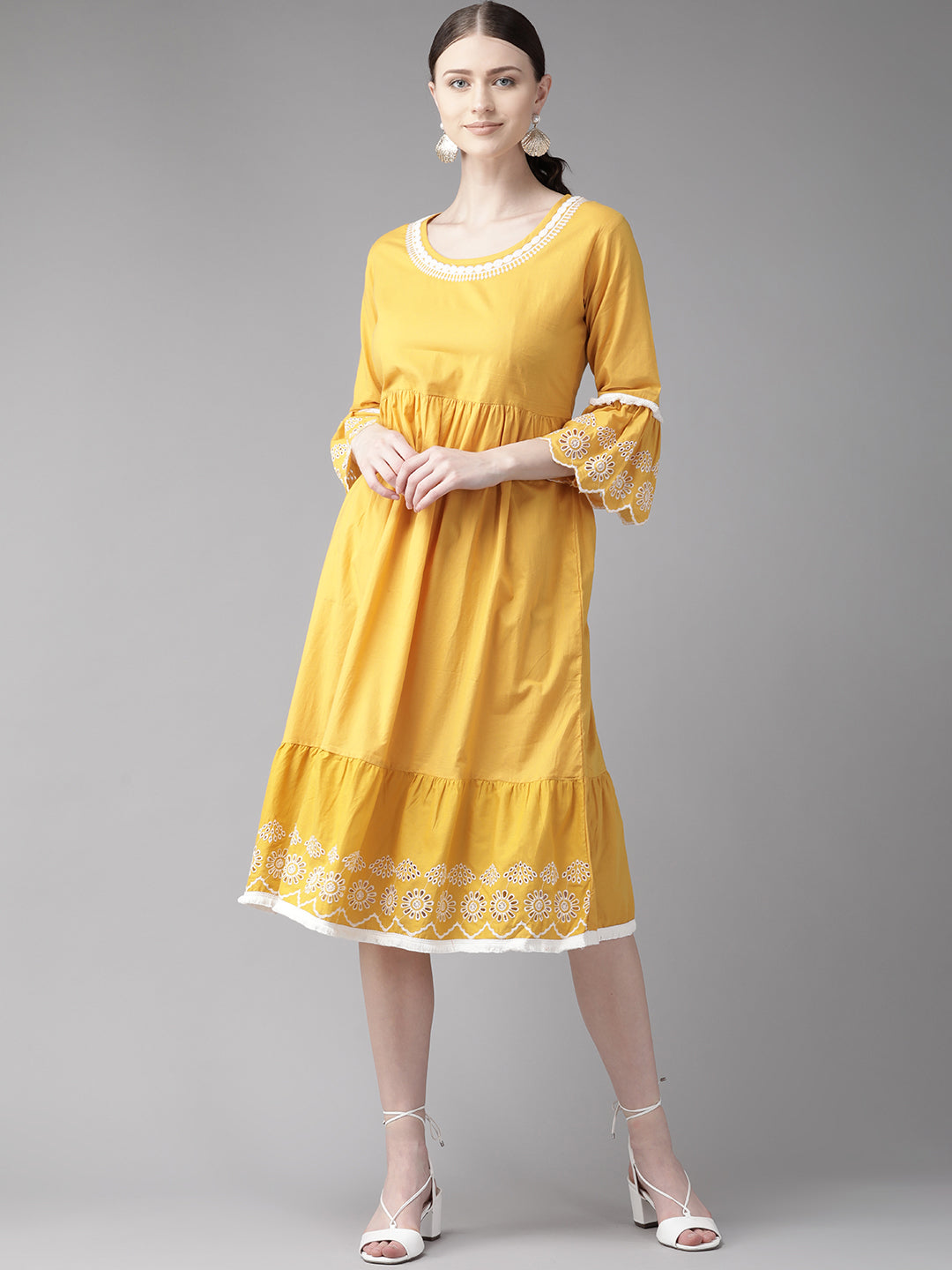 Women's Mustard Yellow Solid Embroidered Dress