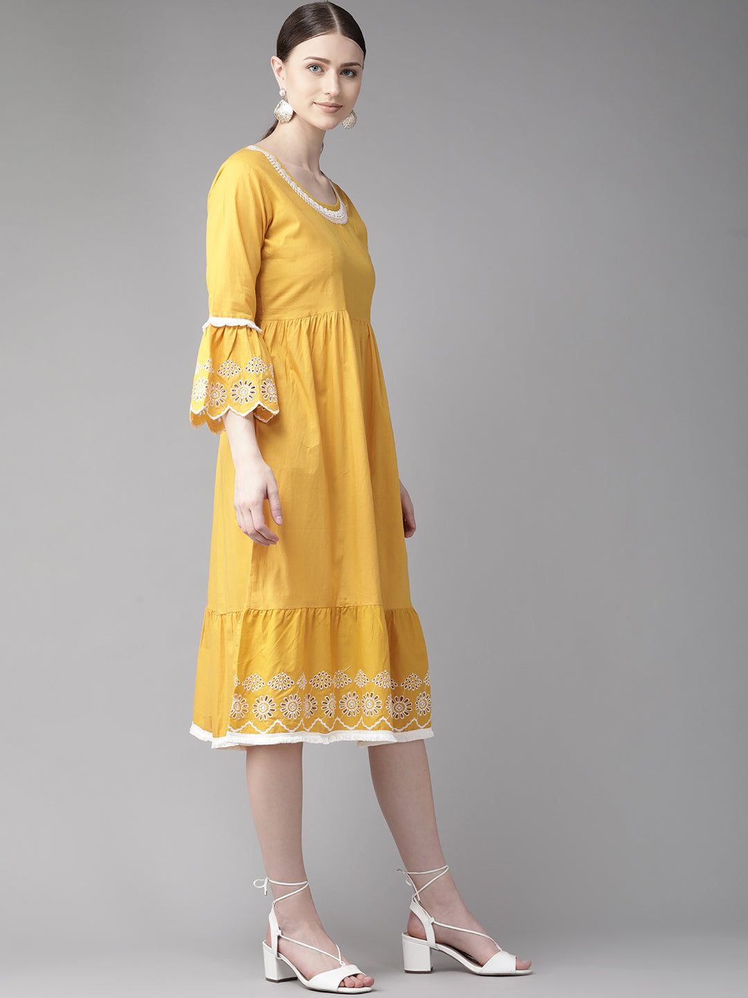 Women's Mustard Yellow Solid Embroidered Dress