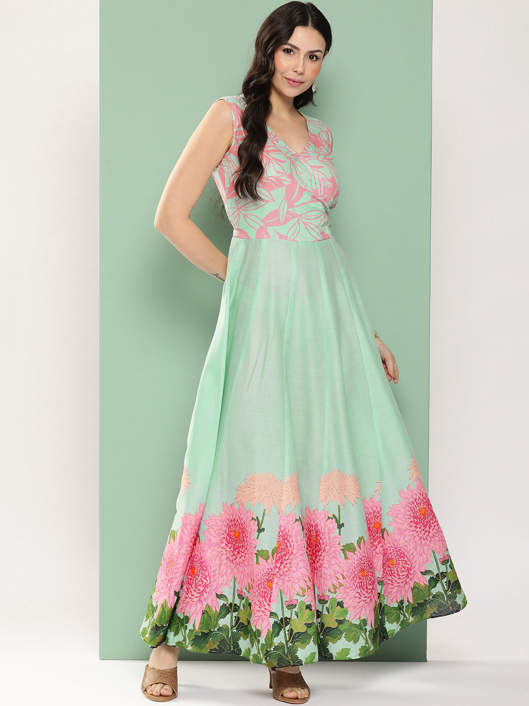 Women's Turquoise Blue Printed Long Dress With V-Neck