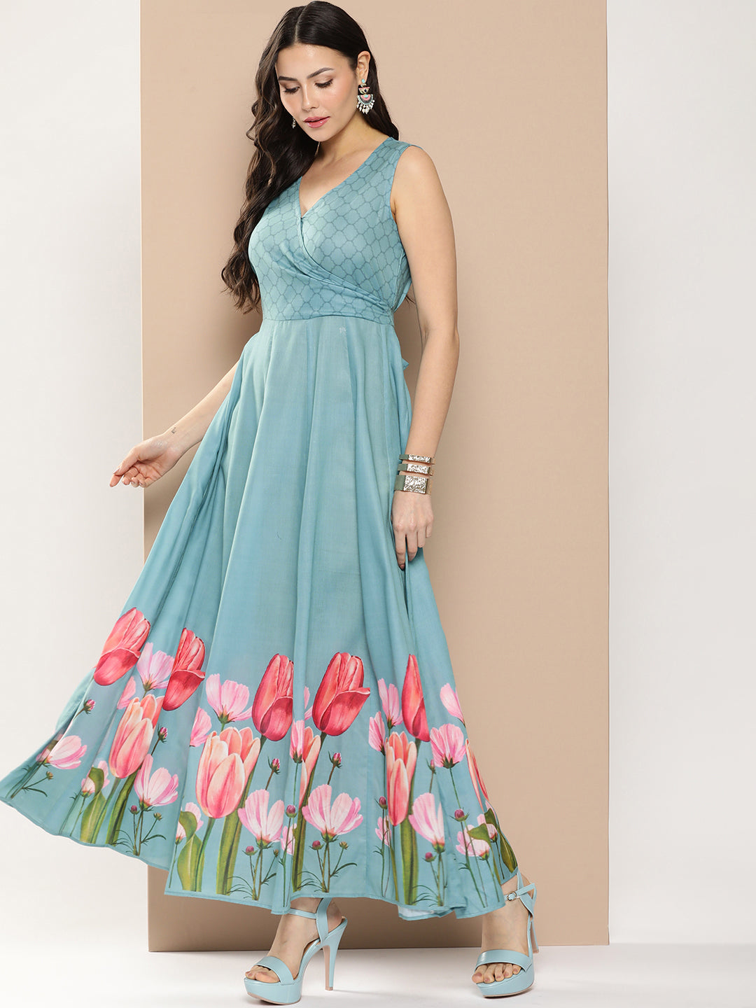 Women's Turquoise Blue Printed Long Dress With V-Neck