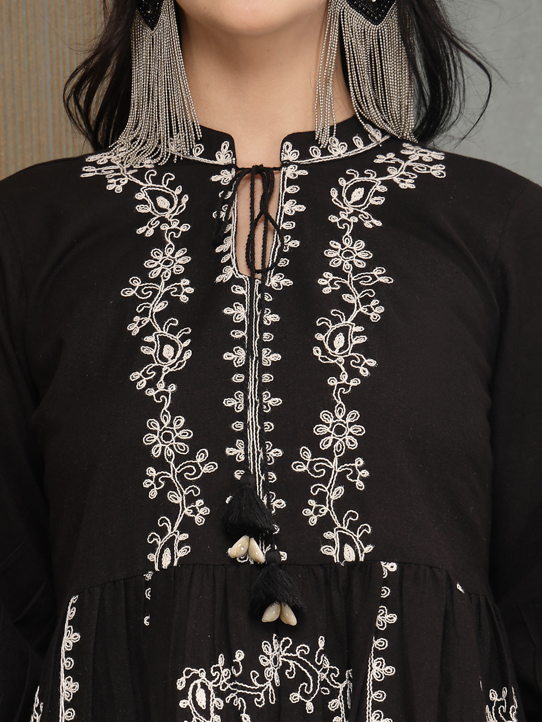 Women's Black Embroidered Cotton Flex Tiered Dress
