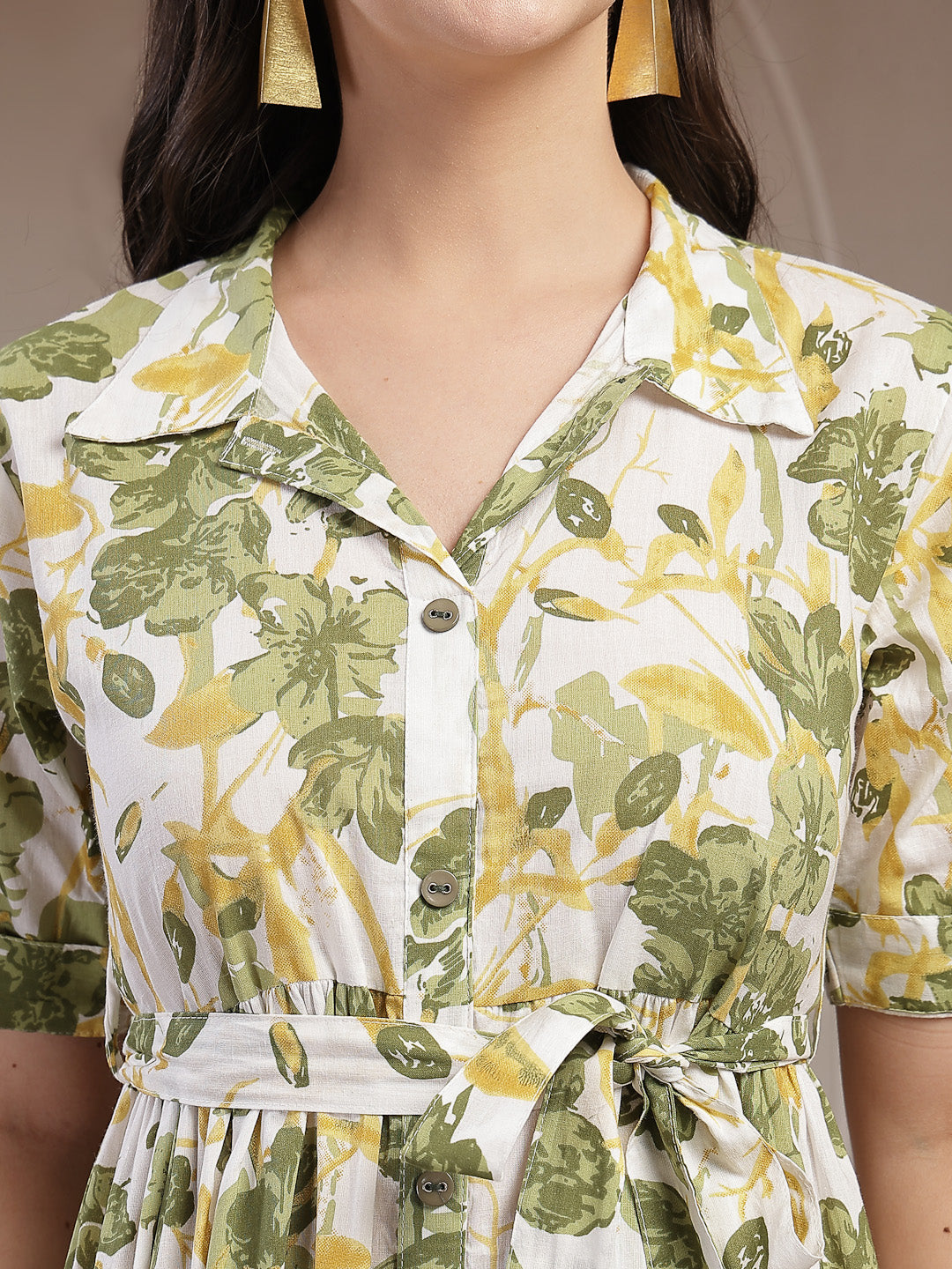 Women's Green Floral Printed Cotton Flared Dress
