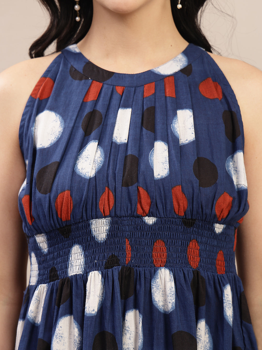 Women's Indigo Polka Dots Printed Cotton Tiered Dress