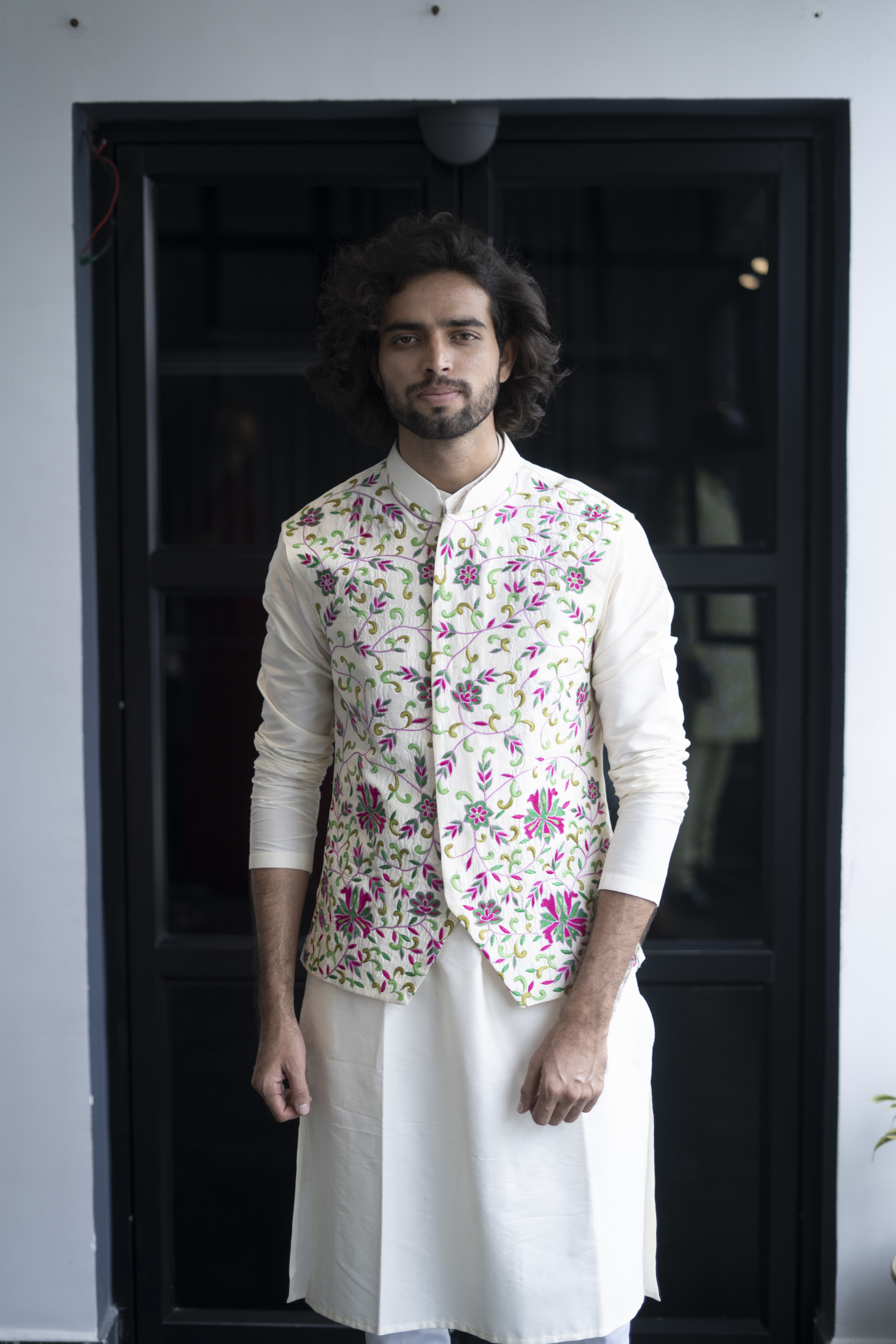 Men's Off White Color Jacket With Kurta Pant Set
