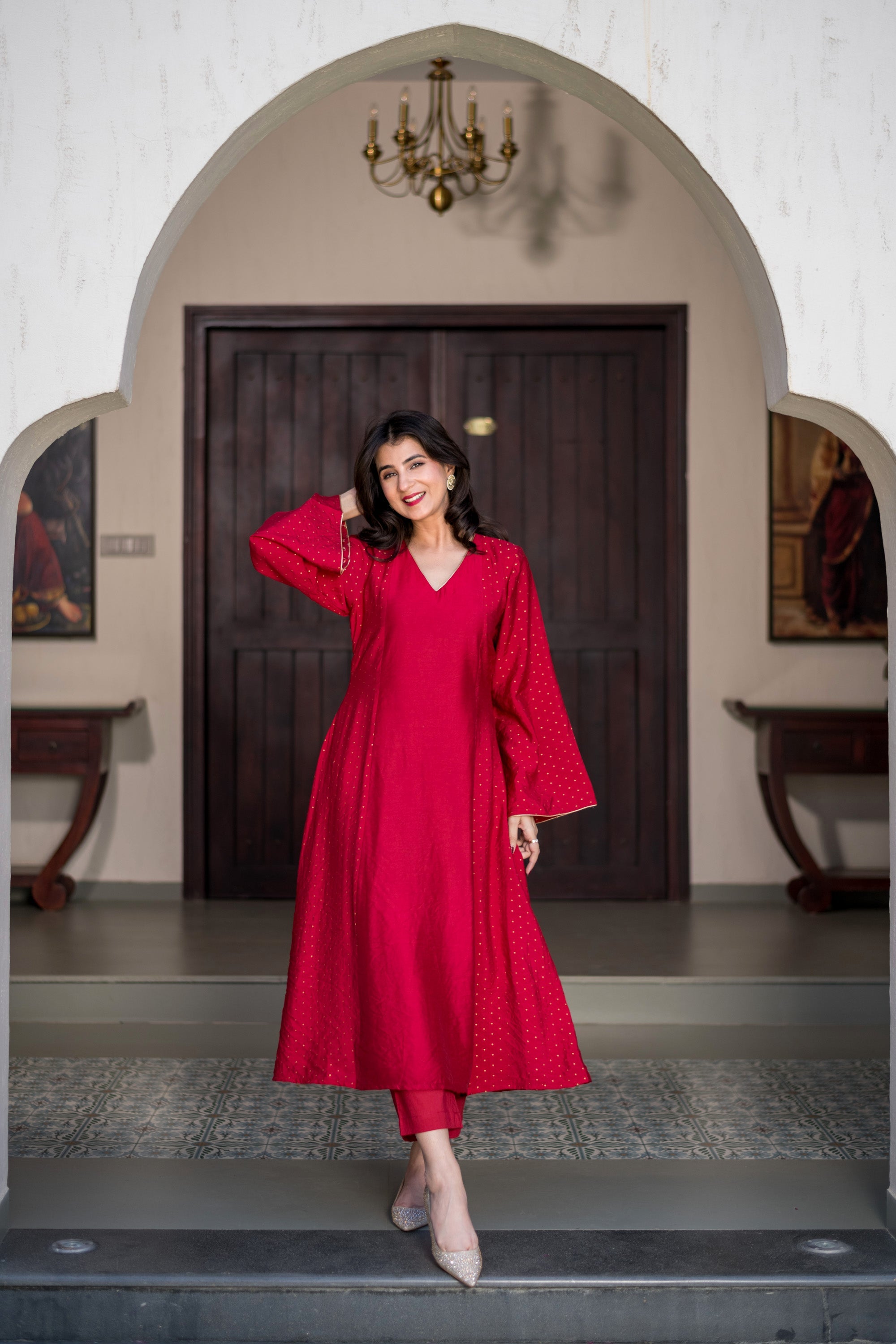 Women's Red And Gold Chanderi Kurta Set