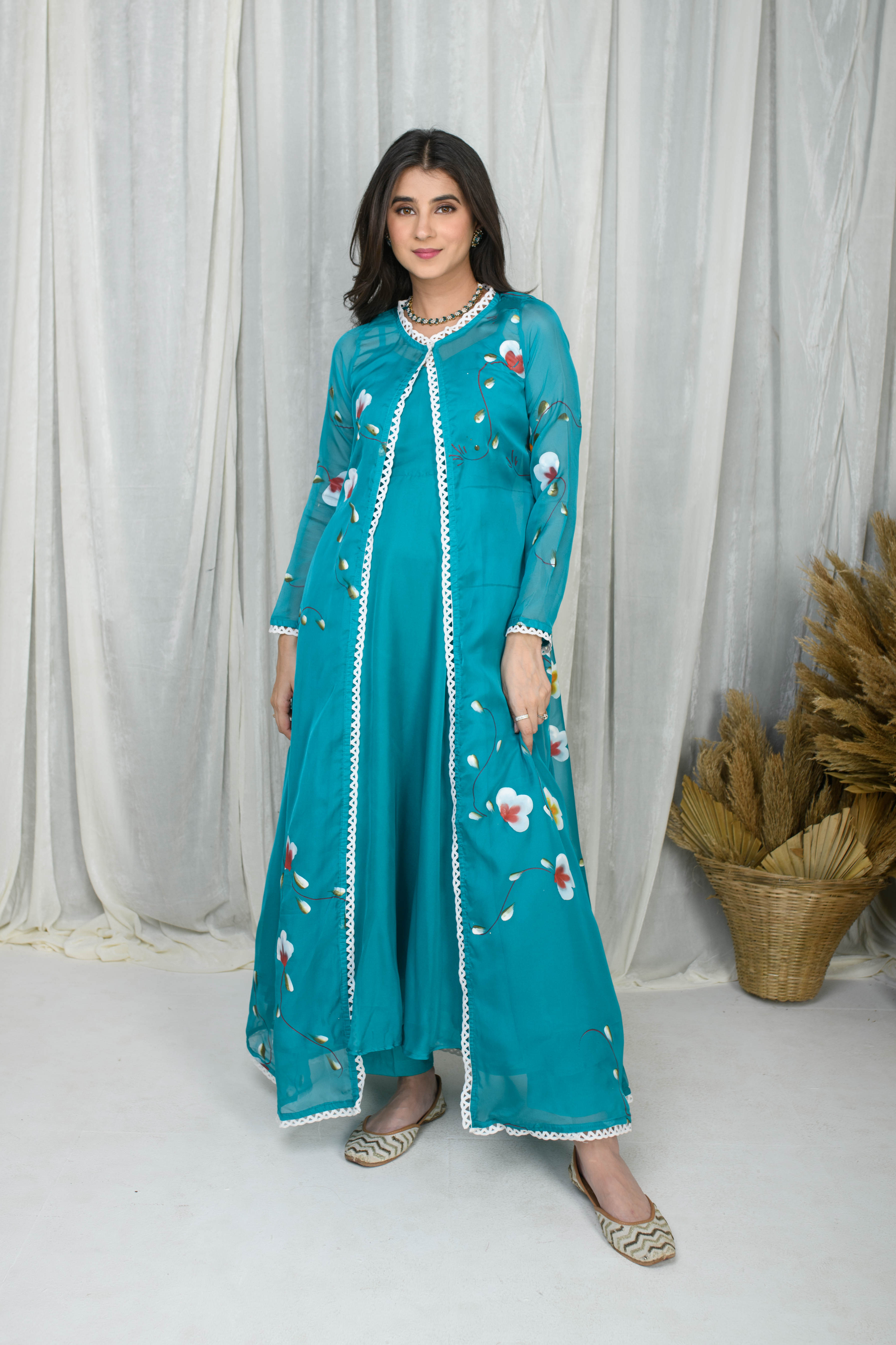 Women's Teal Blue Hand Painted Anarkali With Jacket