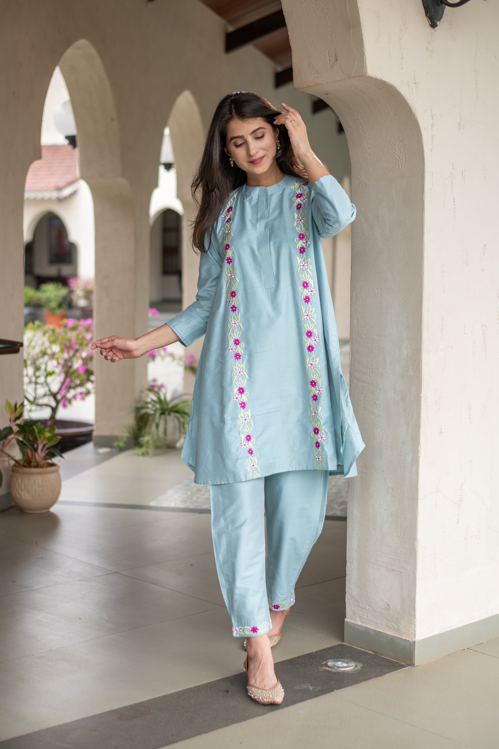 Women's Powder Blue Floral Emb Co-Ord Set