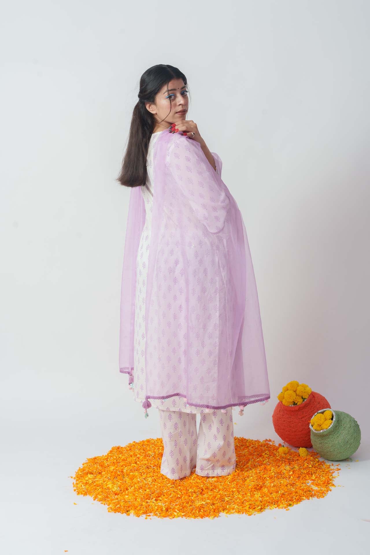 Wome's Purple Cotton Block Print And Sequins Details Kurta Set