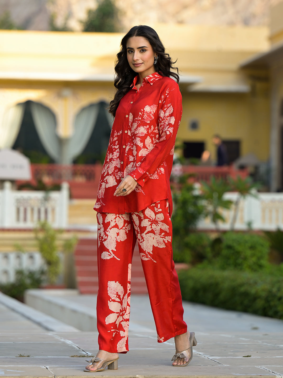 Women's Red Hand Painted Muslin Co-ord Set